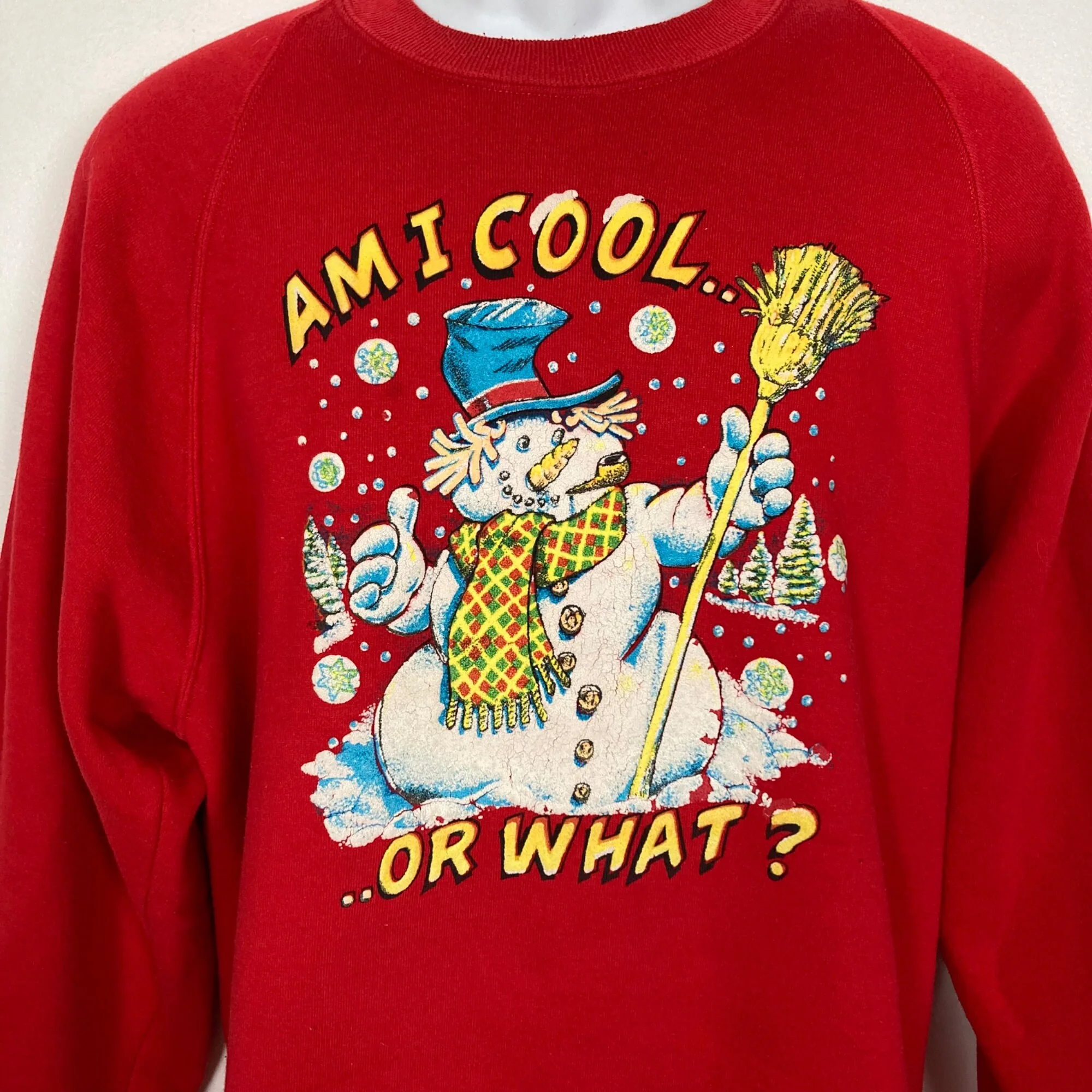 Vintage Snowman Sweatshirt Womens Xl Red Am I Cool Made In Usa by Russell - Image 3