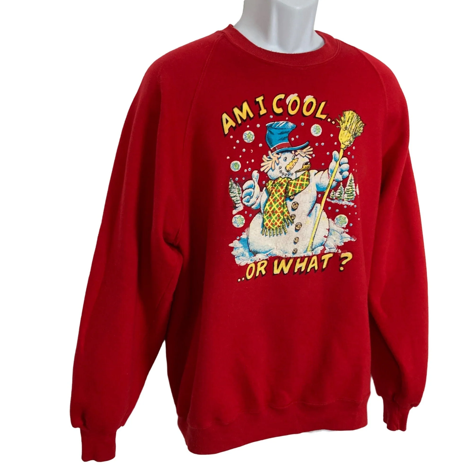 Vintage Snowman Sweatshirt Womens Xl Red Am I Cool Made In Usa by Russell - Image 5