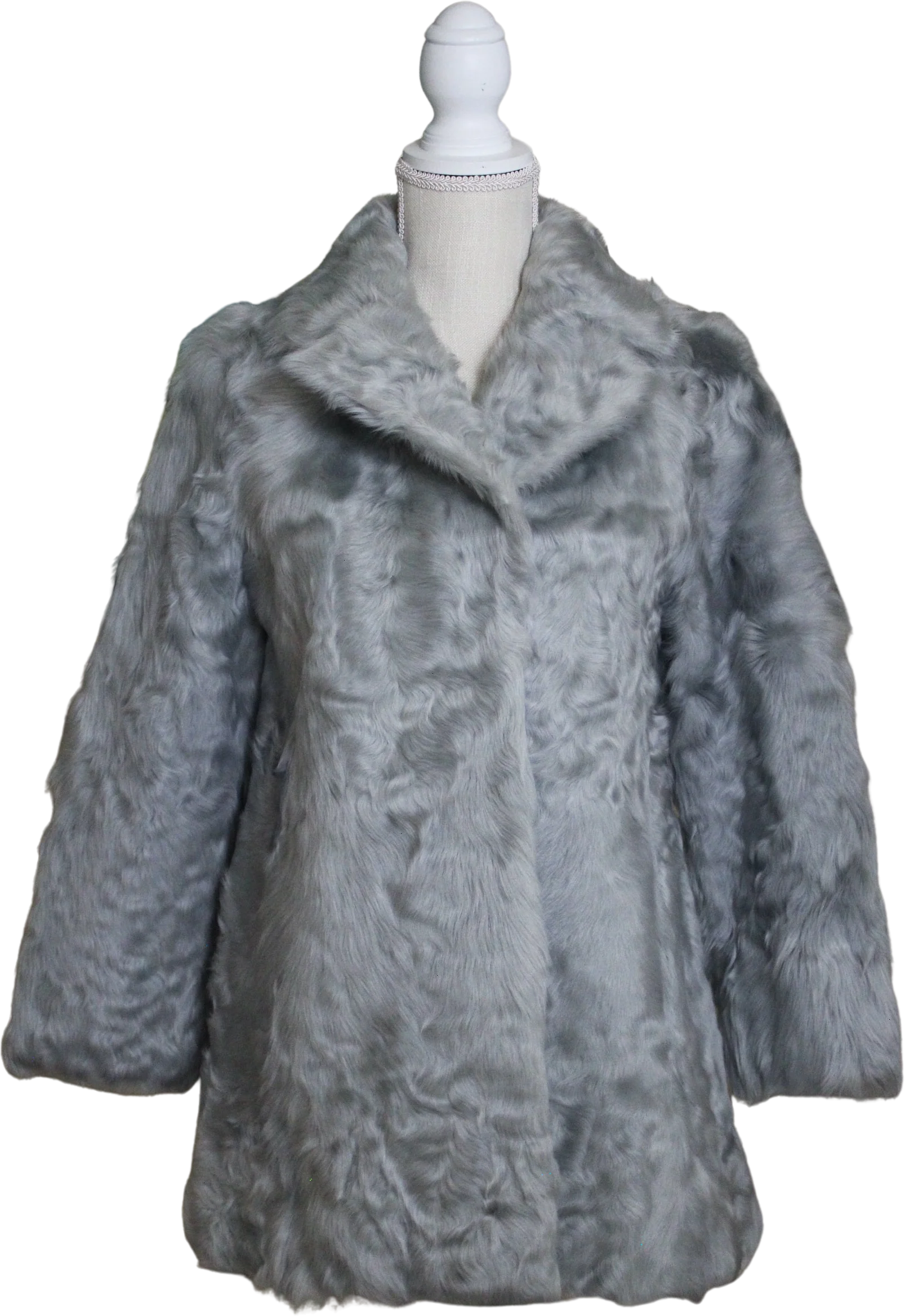 Vintage Soft Curly Mountain Goat Coat In Silver Gray with Long Sleeves Satin Lining and Inner Pocket | Deluxe Fur by Onward