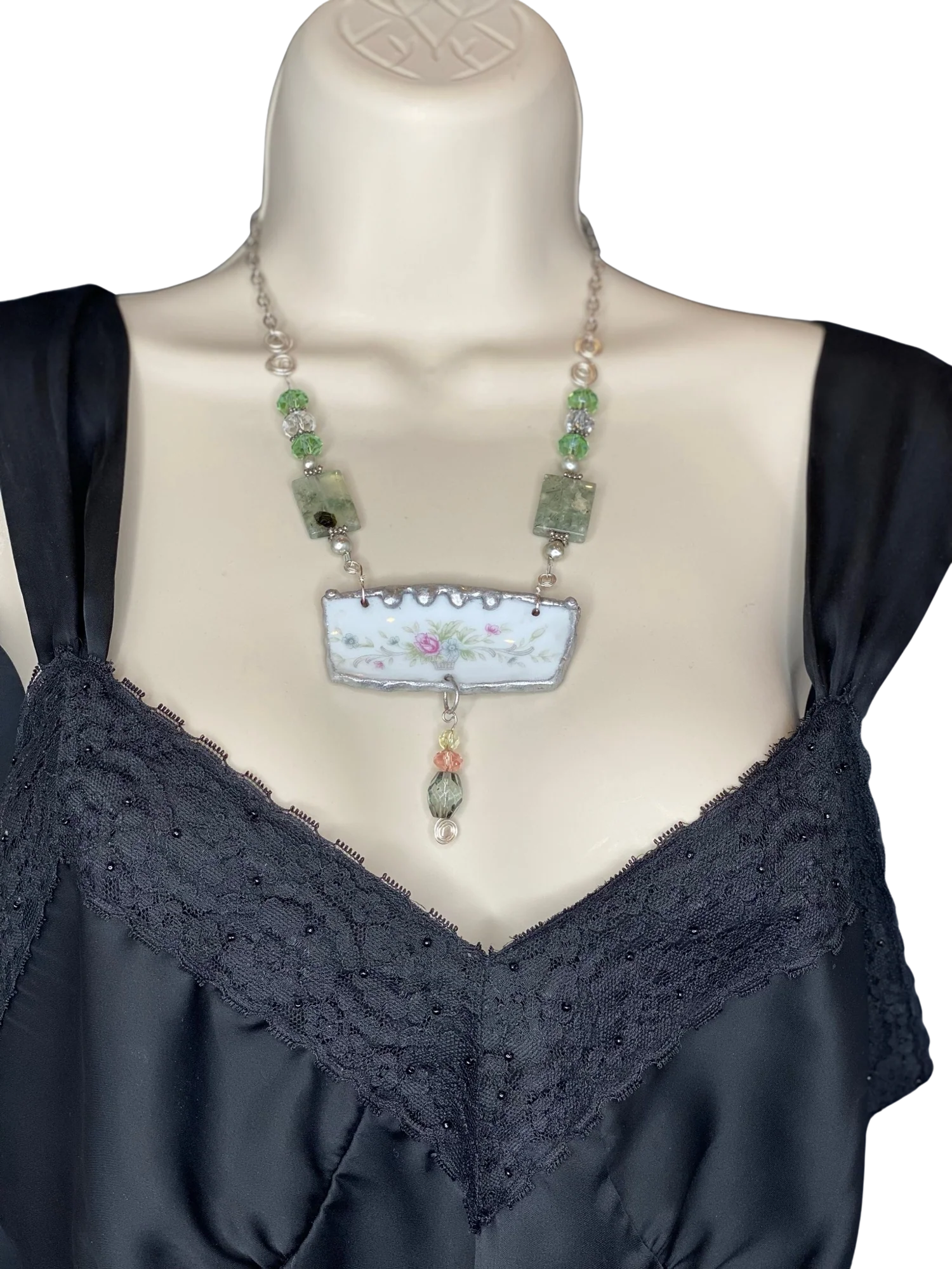 Vintage Soldered Broken Pendant with Prehnite and Mother-of-Pearl Stones