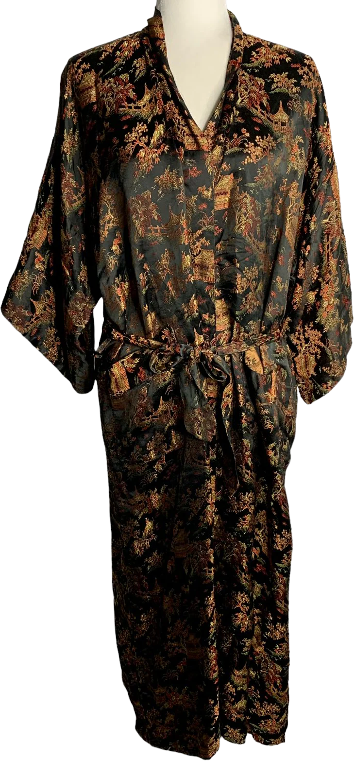 Vintage Solz Squirrel Jacquard Satin Robe M Black Gold Pagoda Floral by Squirrel