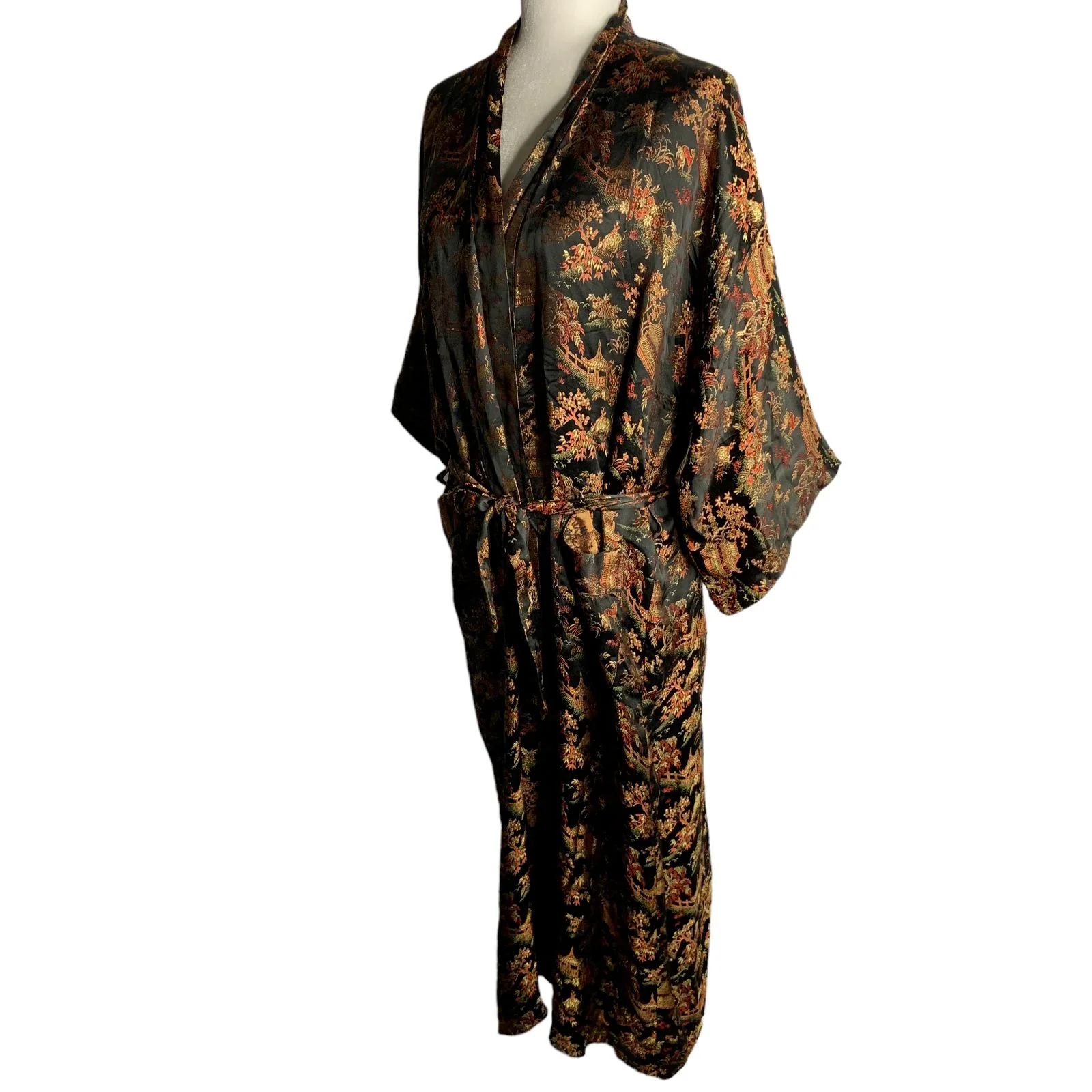 Vintage Solz Squirrel Jacquard Satin Robe M Black Gold Pagoda Floral by Squirrel - Image 2