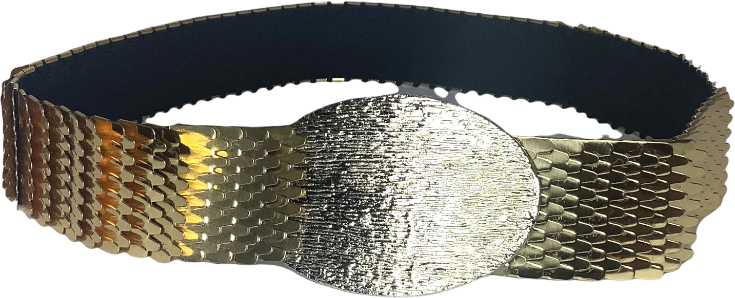 Vintage Statement Belt 70s 80s Disco Gold Textured Layered Metal Buckle Medium