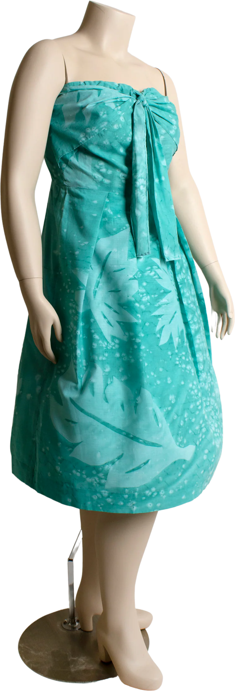 Vintage Strapless Summer Teal Green Tropical Leaf Print Sundress 70s 80s