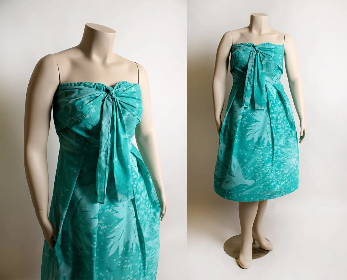 Vintage Strapless Summer Teal Green Tropical Leaf Print Sundress 70s 80s - Image 2