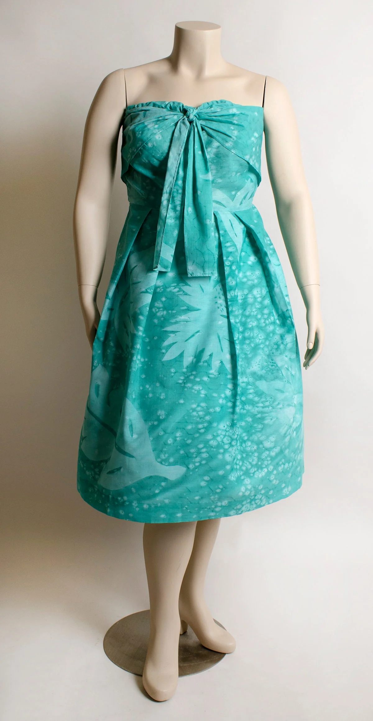 Vintage Strapless Summer Teal Green Tropical Leaf Print Sundress 70s 80s - Image 3