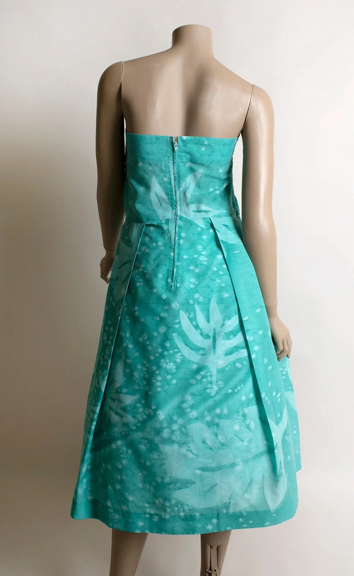 Vintage Strapless Summer Teal Green Tropical Leaf Print Sundress 70s 80s - Image 4