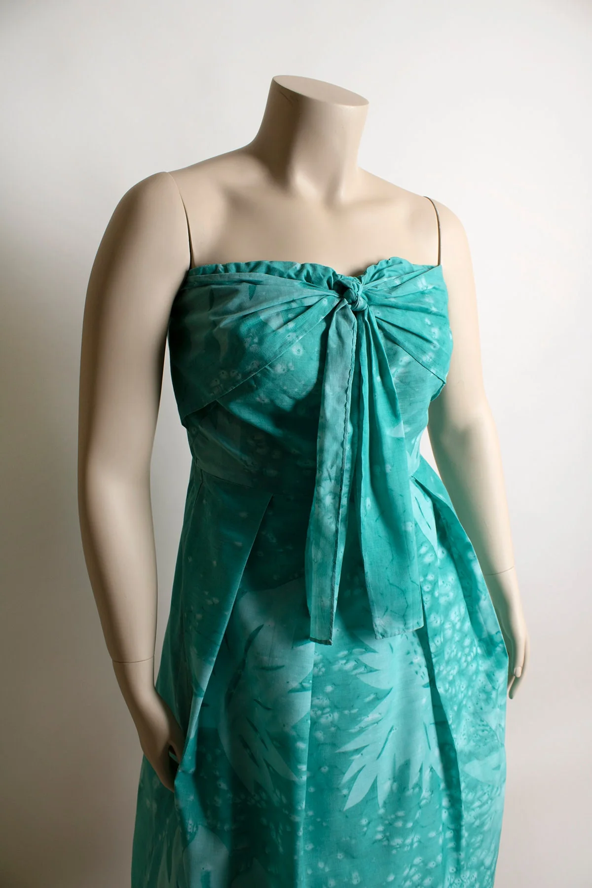 Vintage Strapless Summer Teal Green Tropical Leaf Print Sundress 70s 80s - Image 6