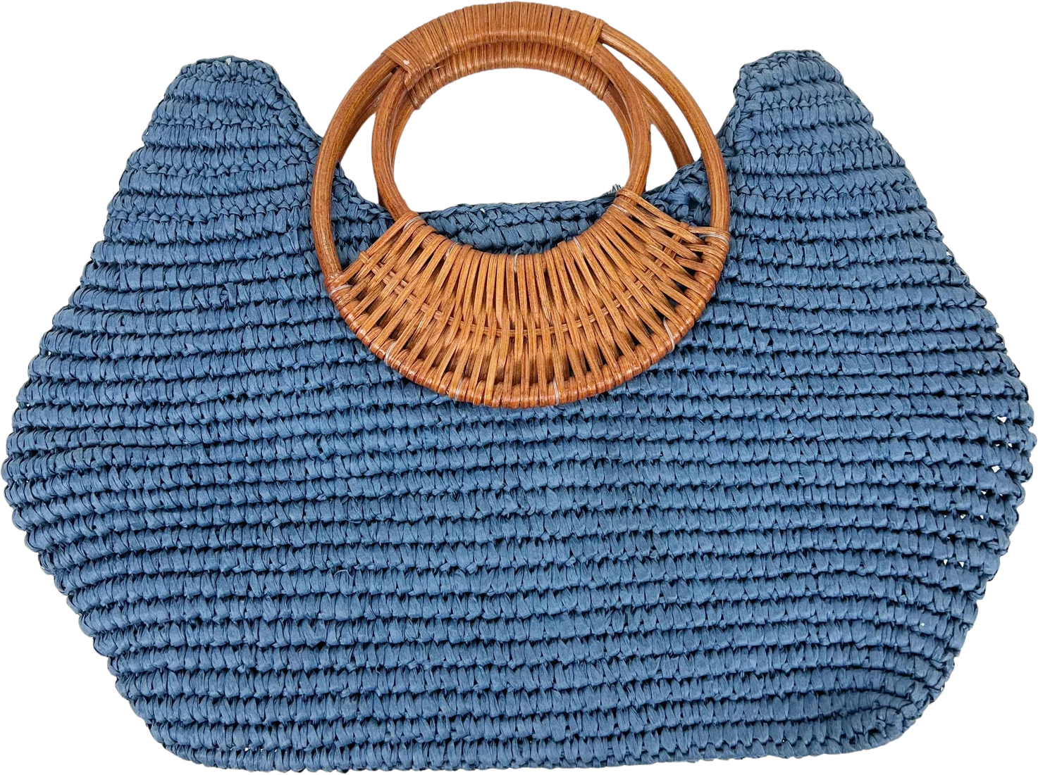 Vintage Straw Studios Blue Rattan Circle Bamboo Handle Handbag