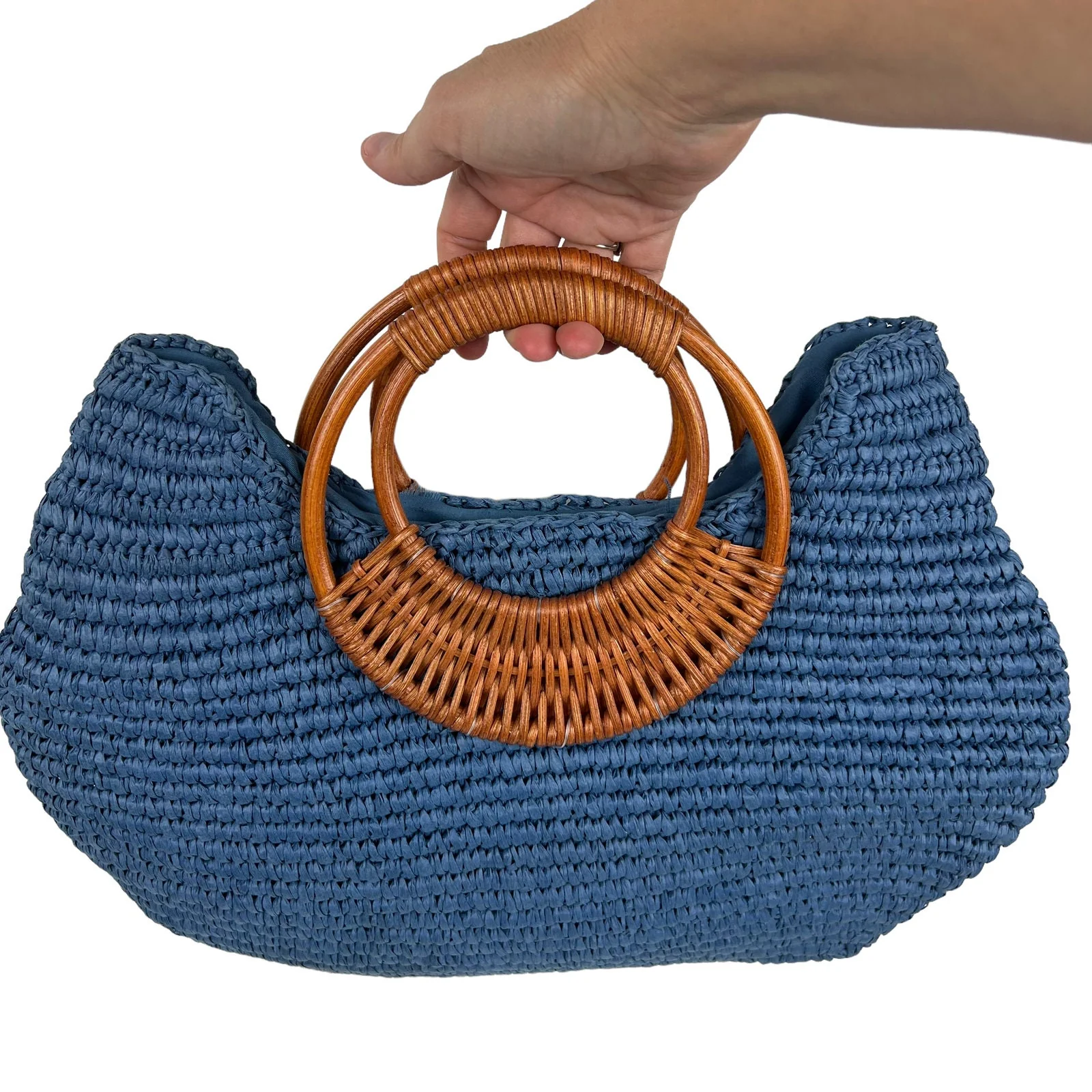 Vintage Straw Studios Blue Rattan Circle Bamboo Handle Handbag - Image 2