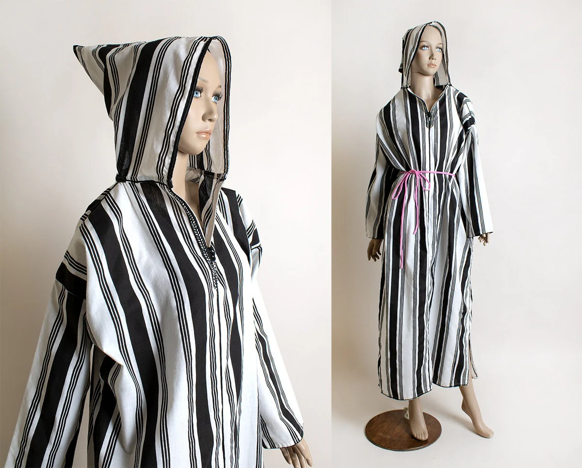 Vintage Striped Hooded Maxi Cotton Black and White Stripes with Open Sides for Belt Lounge - Image 3