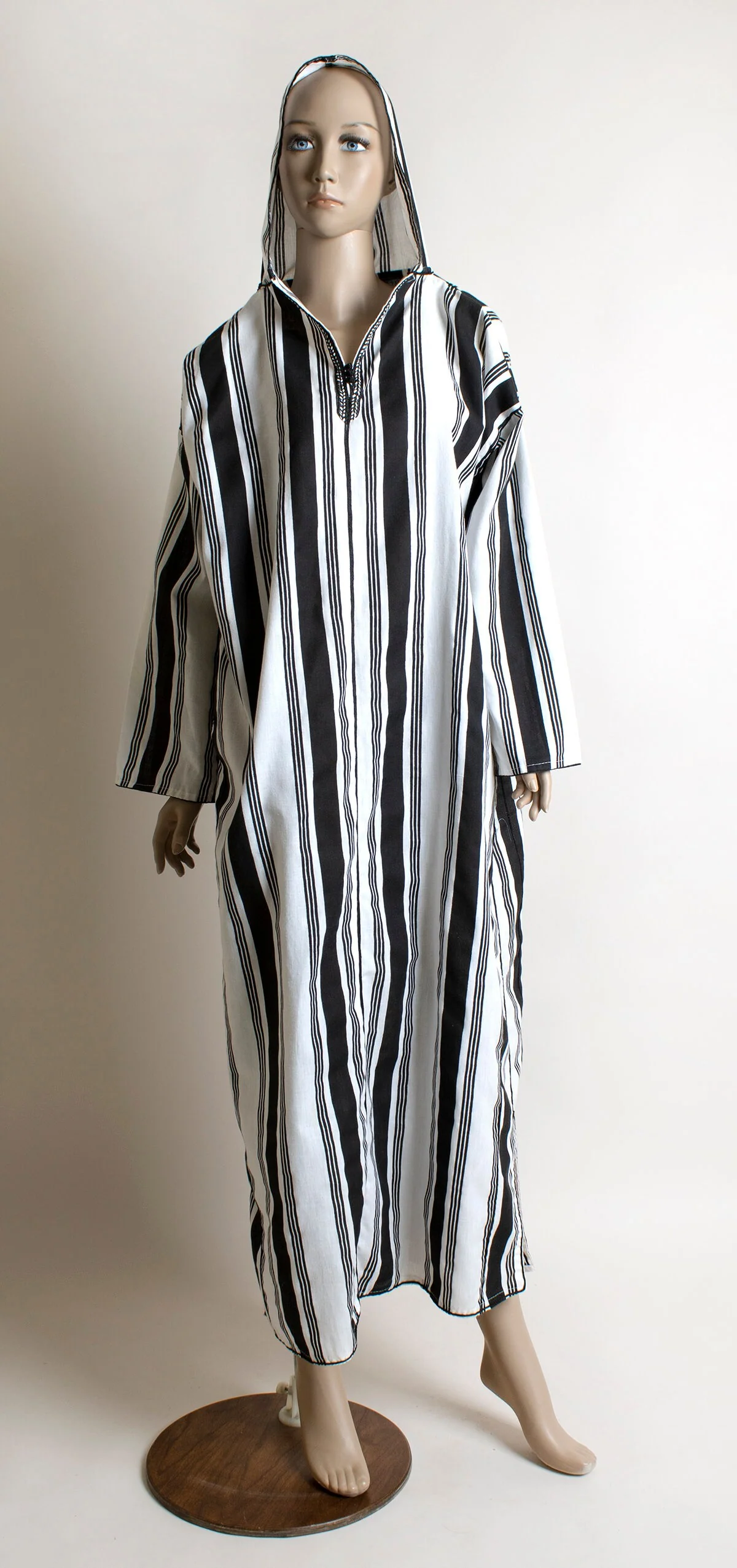 Vintage Striped Hooded Maxi Cotton Black and White Stripes with Open Sides for Belt Lounge - Image 4