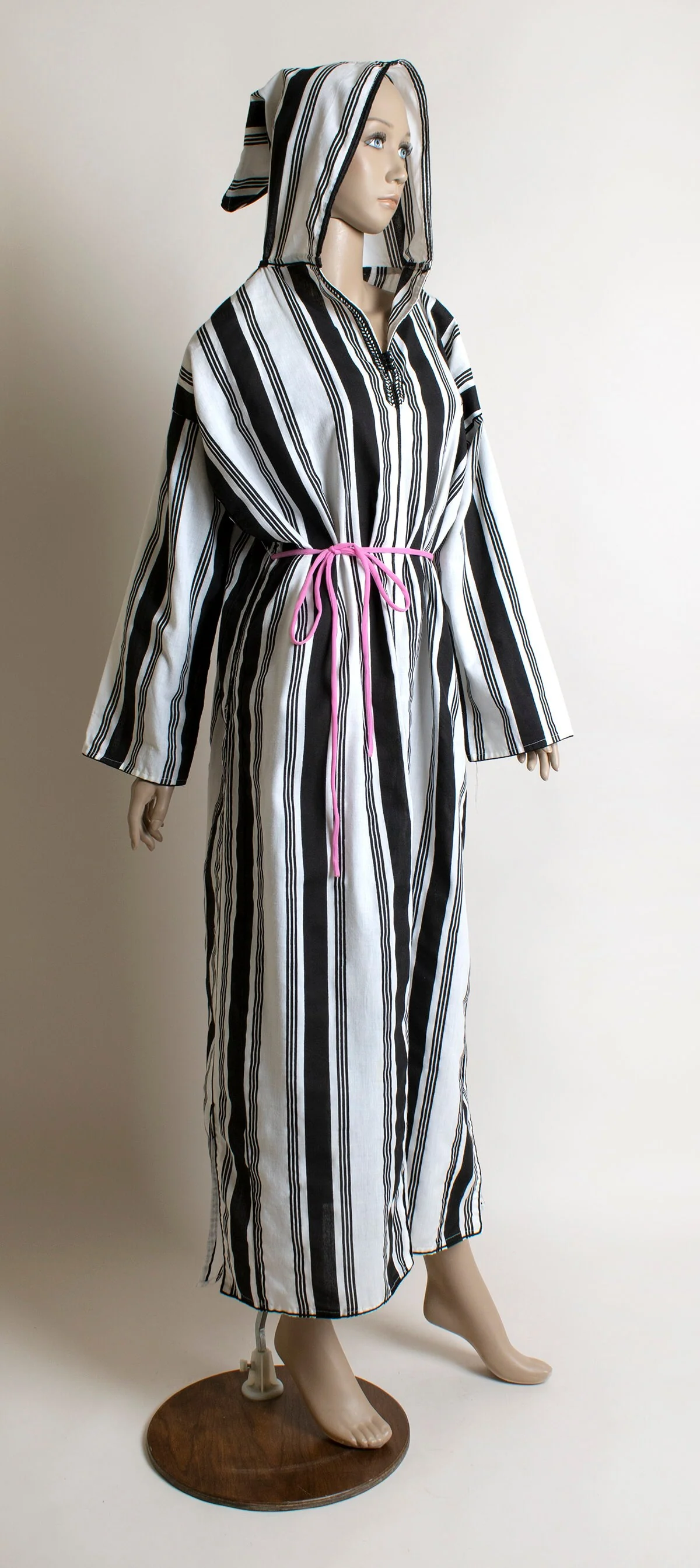 Vintage Striped Hooded Maxi Cotton Black and White Stripes with Open Sides for Belt Lounge - Image 5