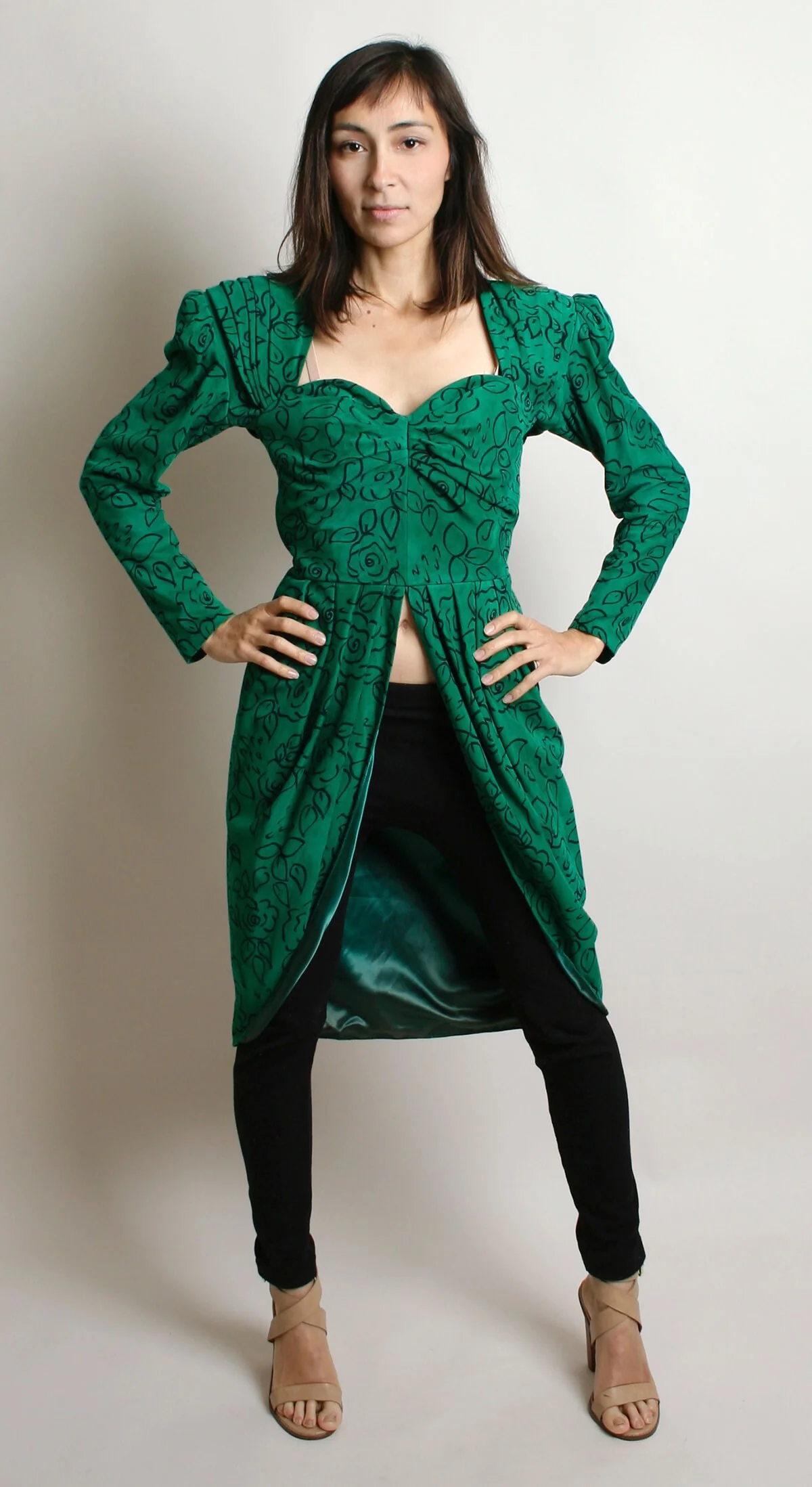 Vintage Suede Dress Emerald Green Open Front Bustle Rose Print Power Suit Strong Shoulder Retro Futuristic Badass New Wave Dress Small - Image 8