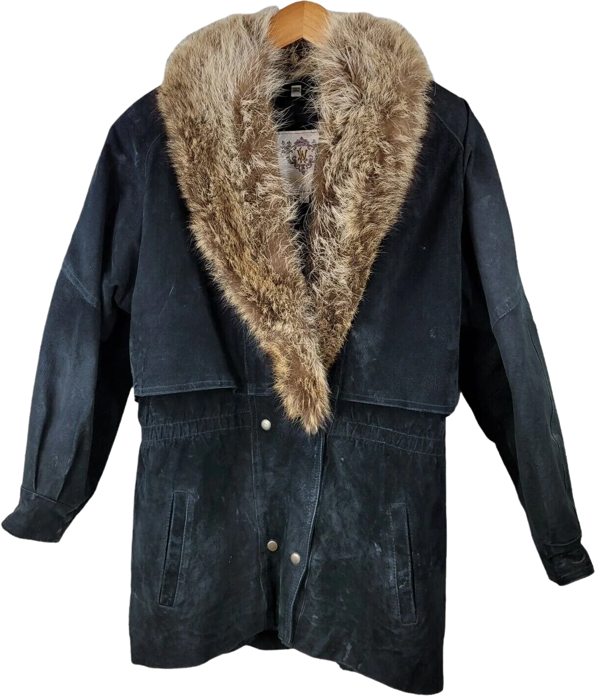 Vintage Suede Leather Coat Size Small Jacket Fur Collar Shearling Oversize Black