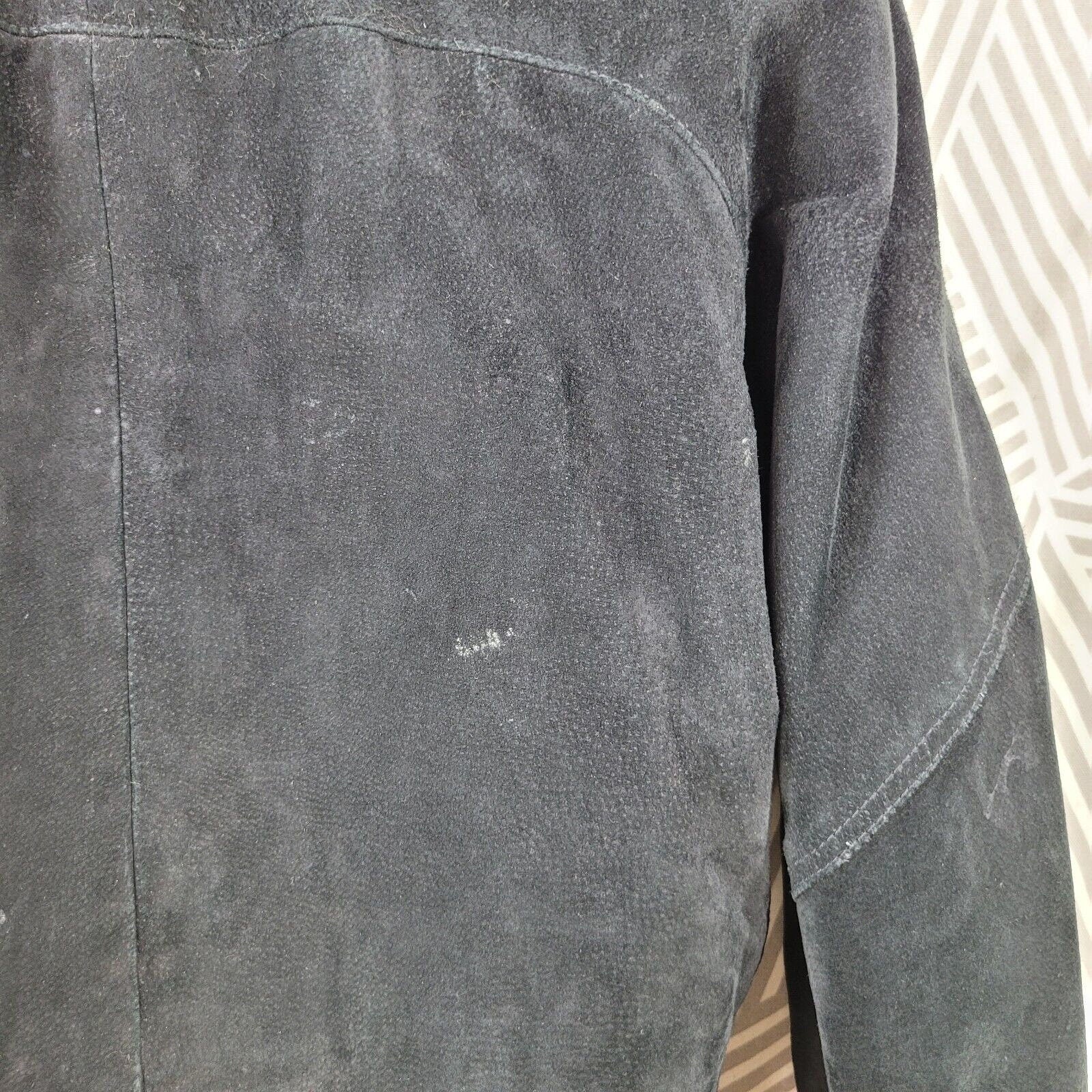 Vintage Suede Leather Coat Size Small Jacket Fur Collar Shearling Oversize Black - Image 8