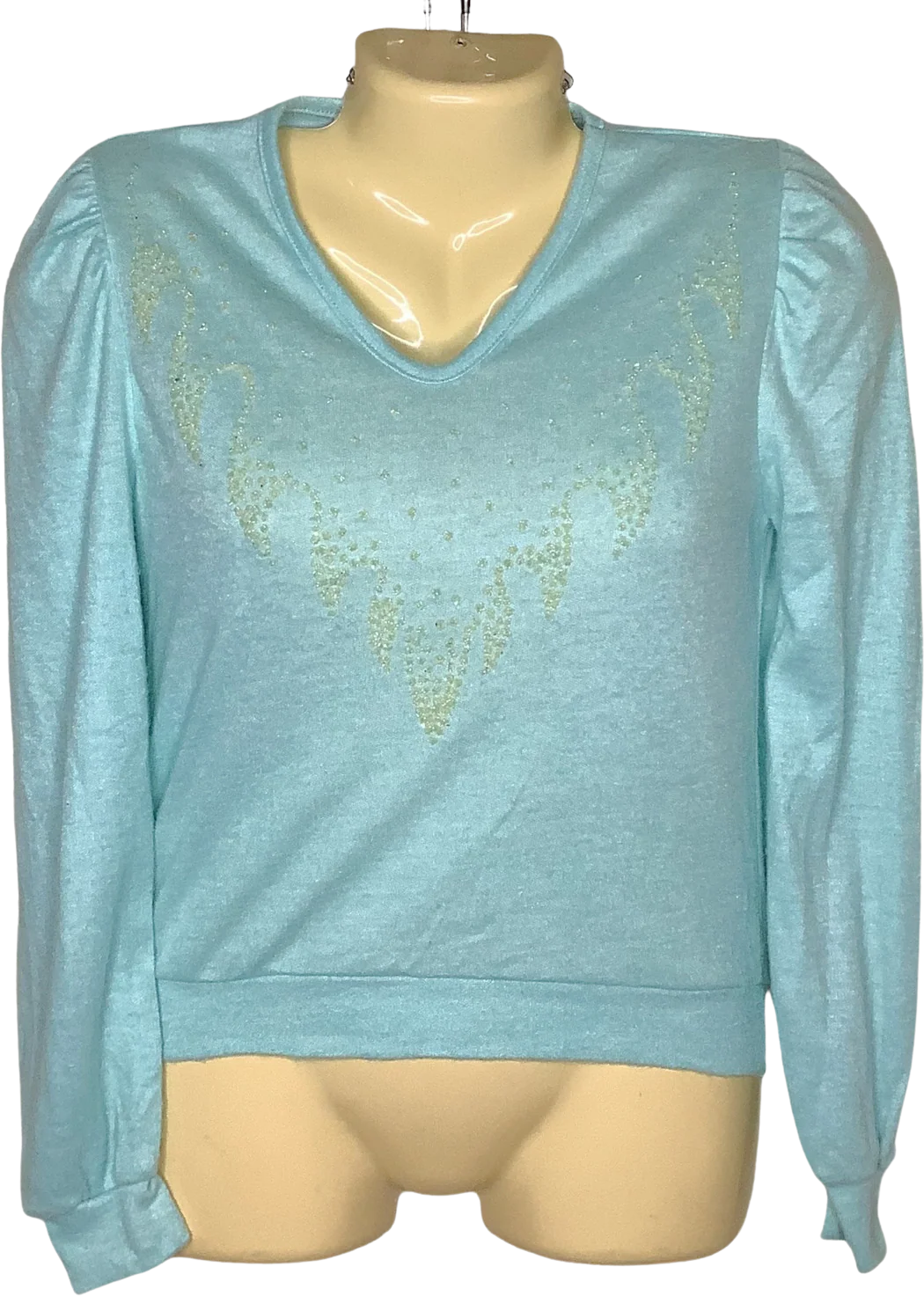 Vintage Sweater 70s 80s Pastel Blue Off White Beads Pullover Lightweight V-Neck by croquette club
