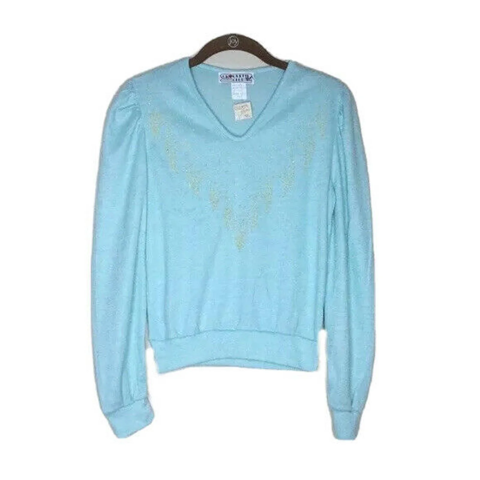 Vintage Sweater 70s 80s Pastel Blue Off White Beads Pullover Lightweight V-Neck by croquette club - Image 5