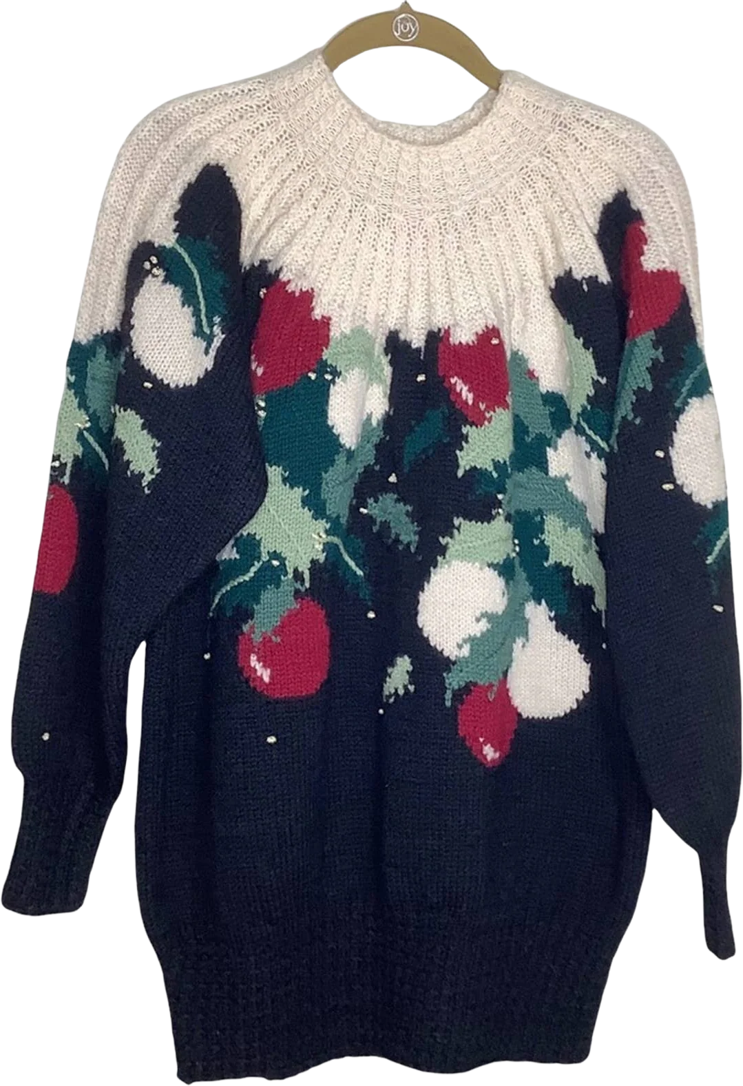 Vintage Sweater 80s 90s Floral Fruit Embellished Knit Lightweight Wool Deadstock