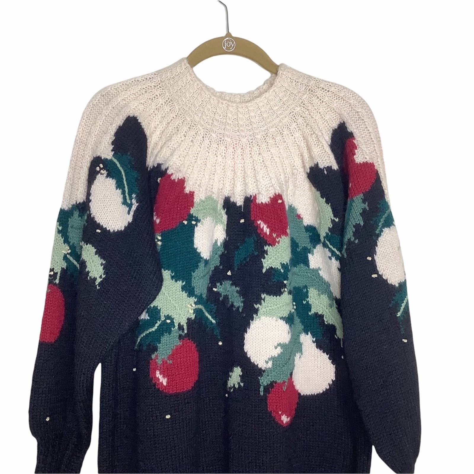 Vintage Sweater 80s 90s Floral Fruit Embellished Knit Lightweight Wool Deadstock - Image 6