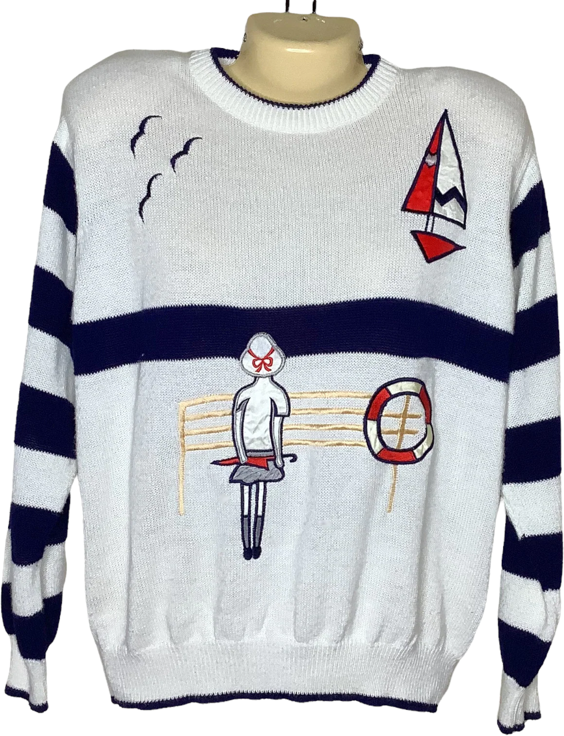 Vintage Sweater 80s 90s Large Embellished Novelty Sea Boats Nautical Stripe Knit by Alfred Dunner