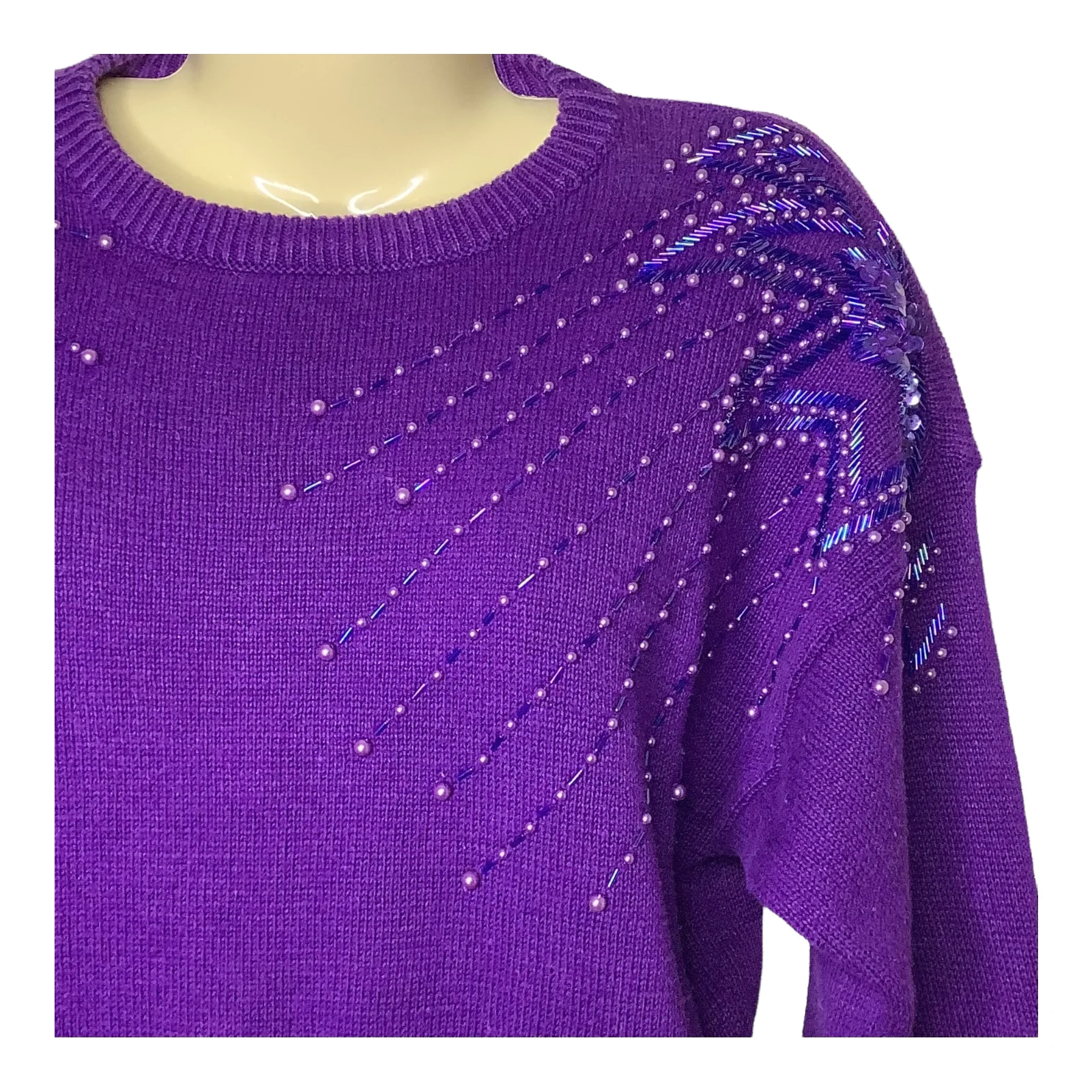Vintage Sweater 80s 90s Small Purple Beaded Sequins Embellished Relaxed Glam S by Susan D. - Image 5