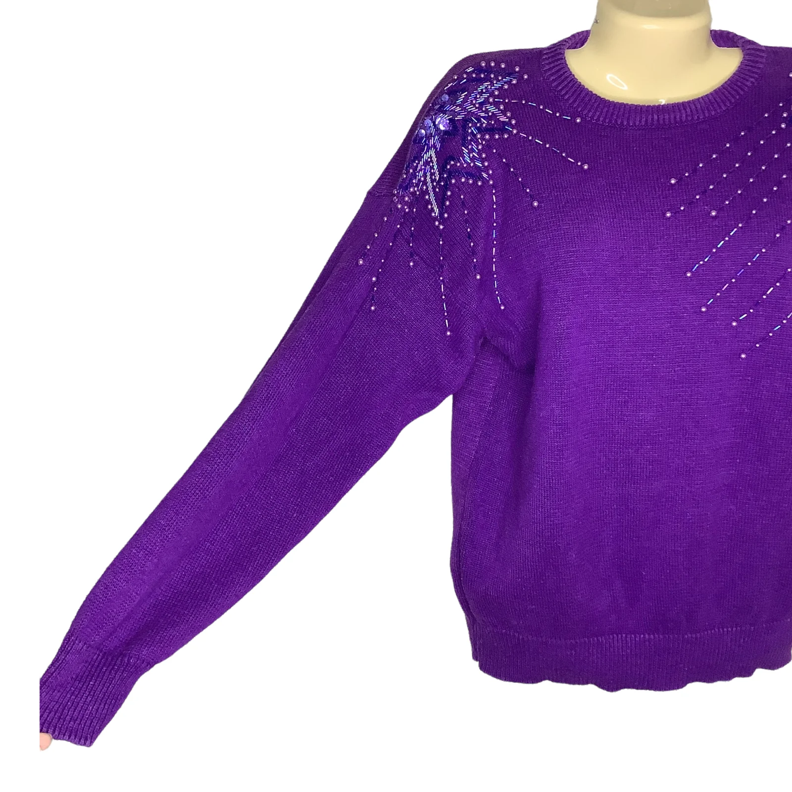 Vintage Sweater 80s 90s Small Purple Beaded Sequins Embellished Relaxed Glam S by Susan D. - Image 8