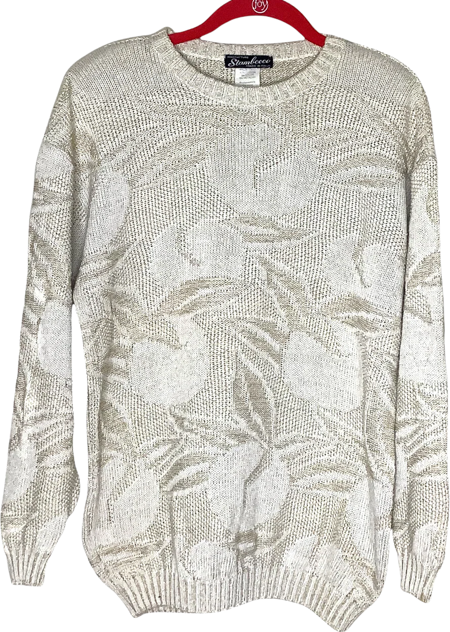 Vintage Sweater Large 80s Gold Metallic Weave Crew Shoulder Pads Abstract Floral