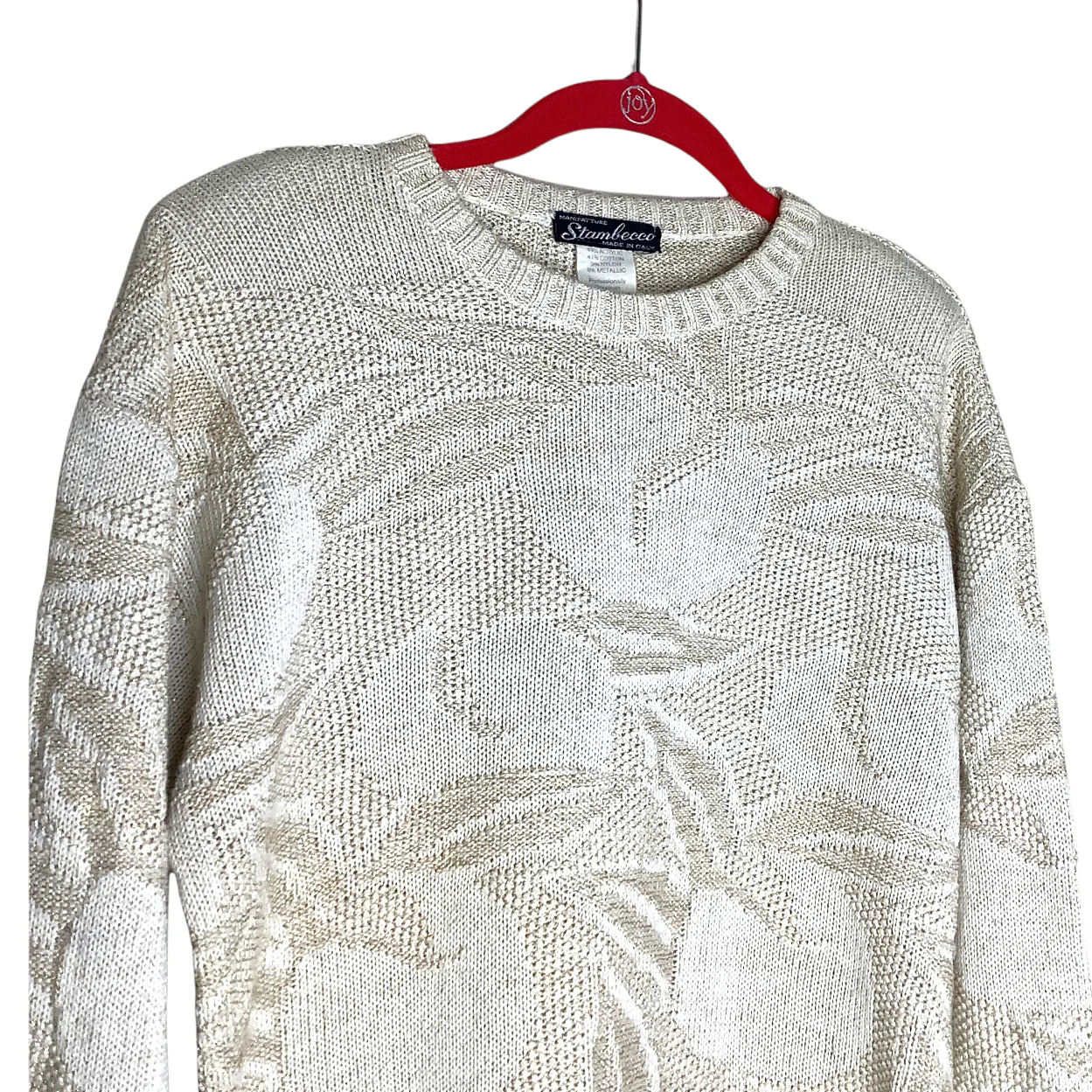 Vintage Sweater Large 80s Gold Metallic Weave Crew Shoulder Pads Abstract Floral - Image 5
