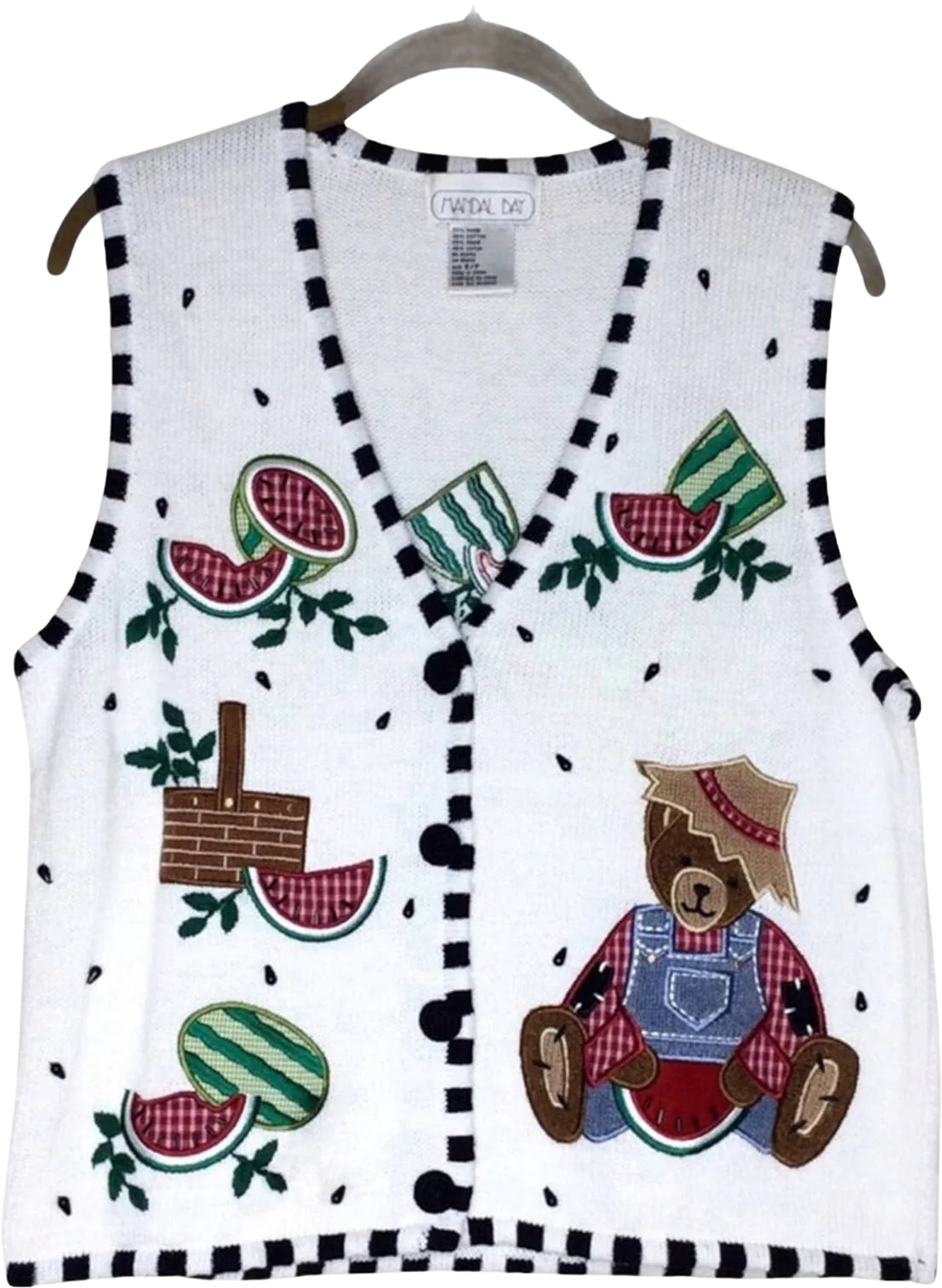Vintage Sweater Vest 90s Bear Beaded Watermelon Picnic Embroidered Kawaii Granny