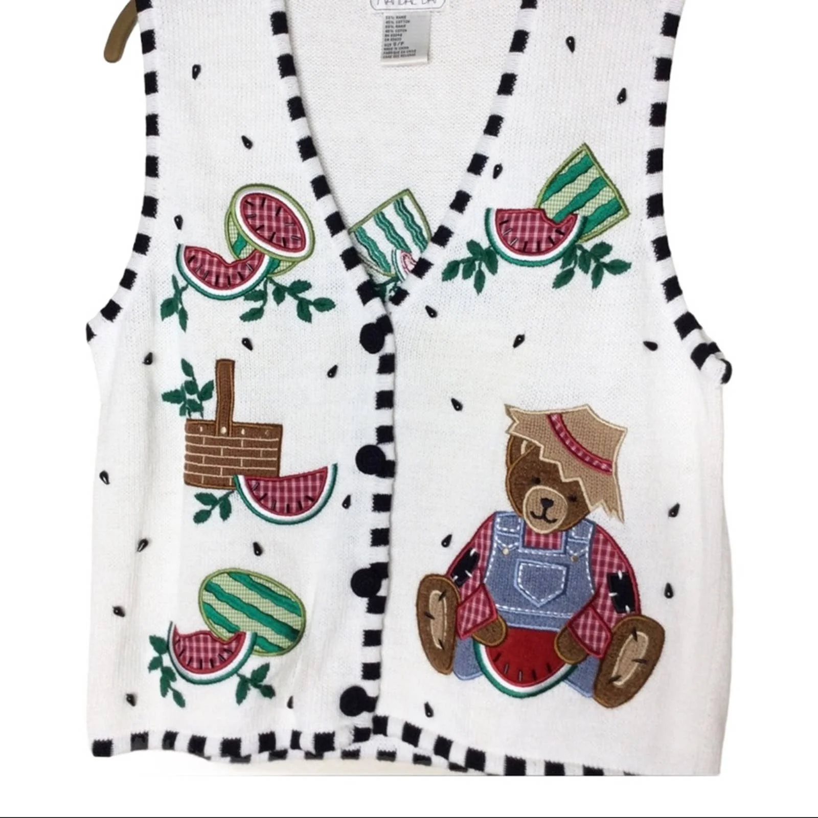 Vintage Sweater Vest 90s Bear Beaded Watermelon Picnic Embroidered Kawaii Granny - Image 3
