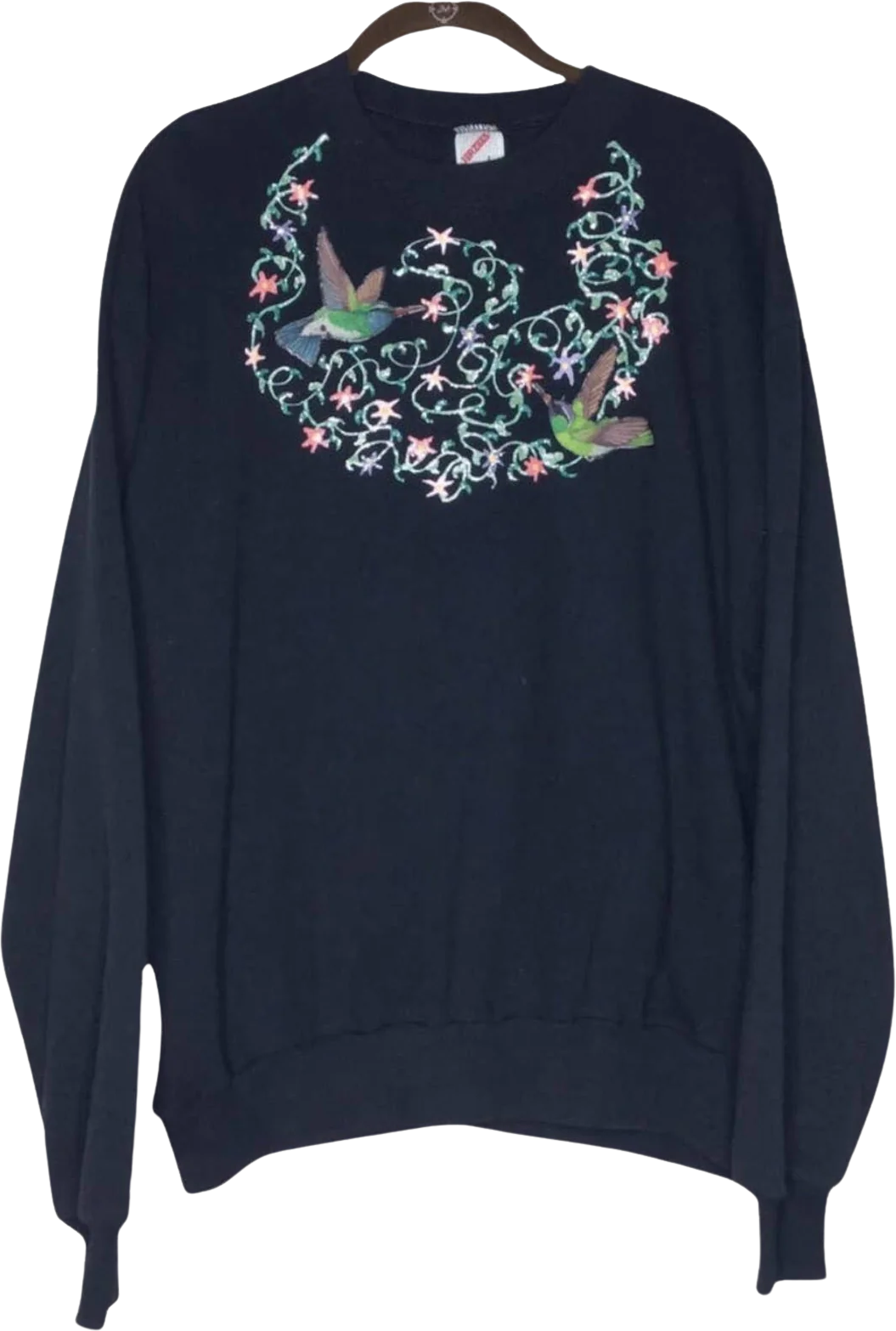 Vintage Sweatshirt 80s 90s Birds Glitter Floral Grandma Mom Pullover Black M/l by JERZEES