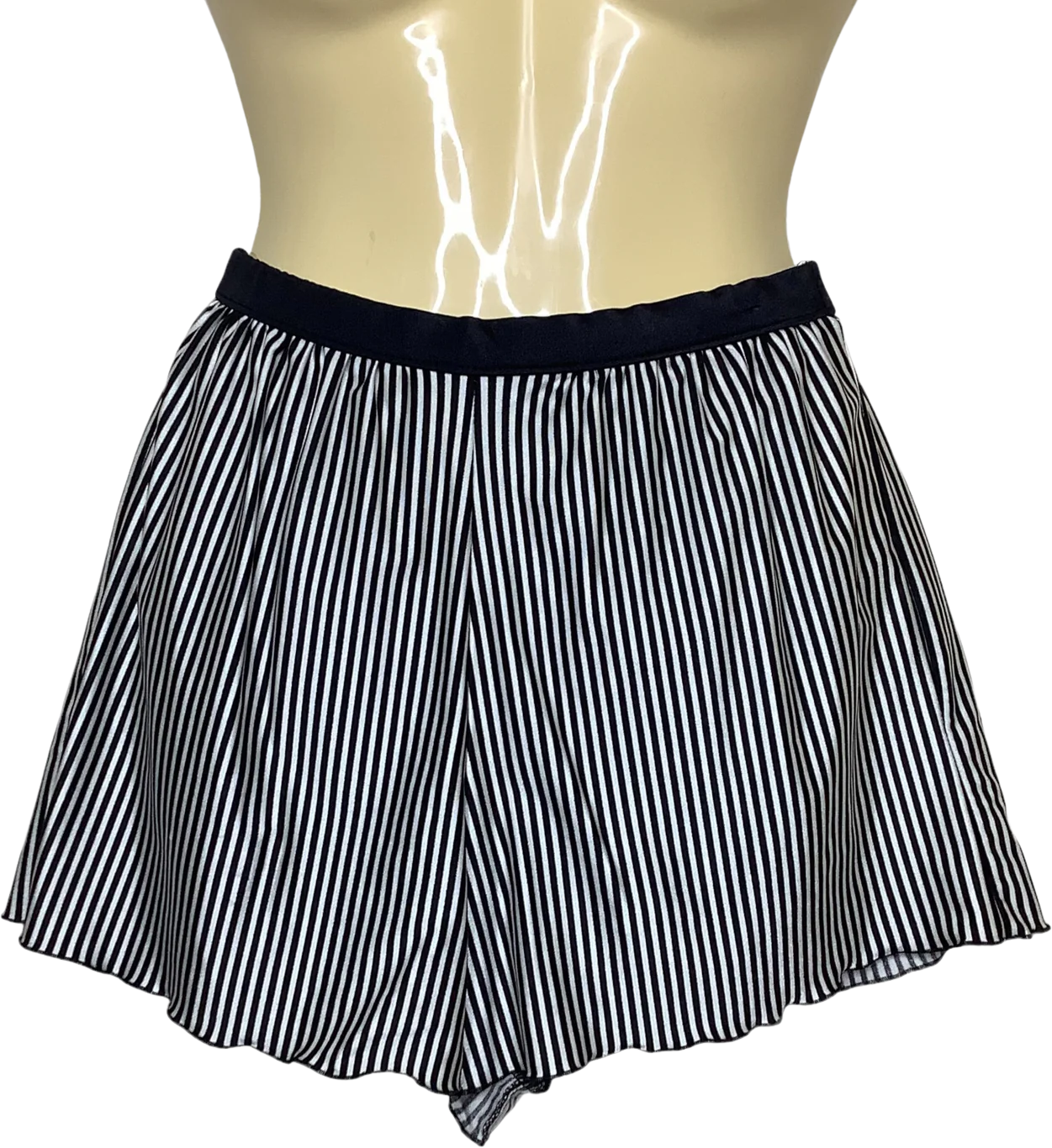 Vintage Swim Shorts S Black White Striped Scalloped Trim High Waisted by Lands' End