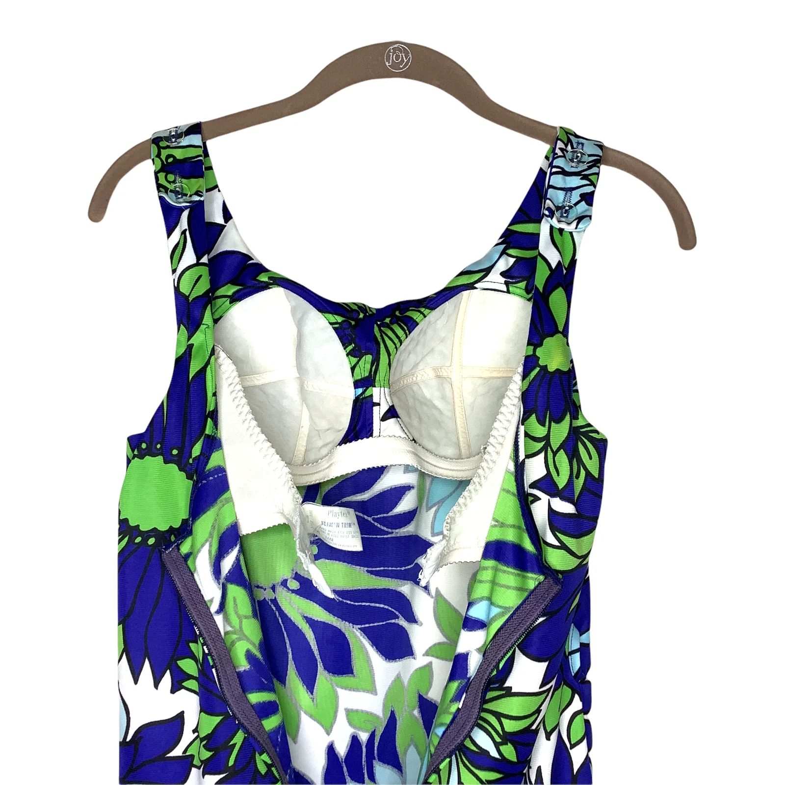Vintage Swim Top 60s Tankini Floral Blue Green Built In Rigid Bra Zip Up Button - Image 3