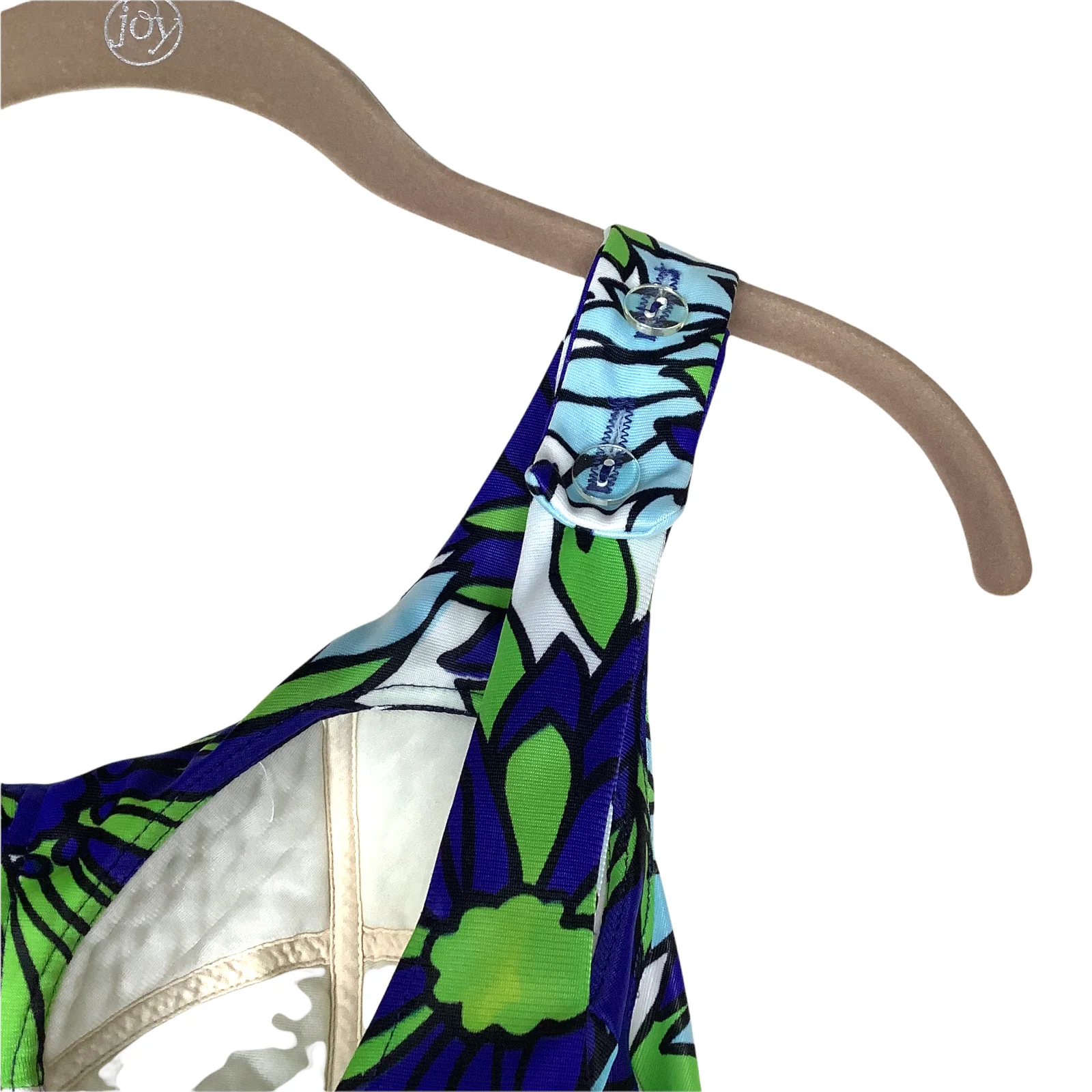 Vintage Swim Top 60s Tankini Floral Blue Green Built In Rigid Bra Zip Up Button - Image 7