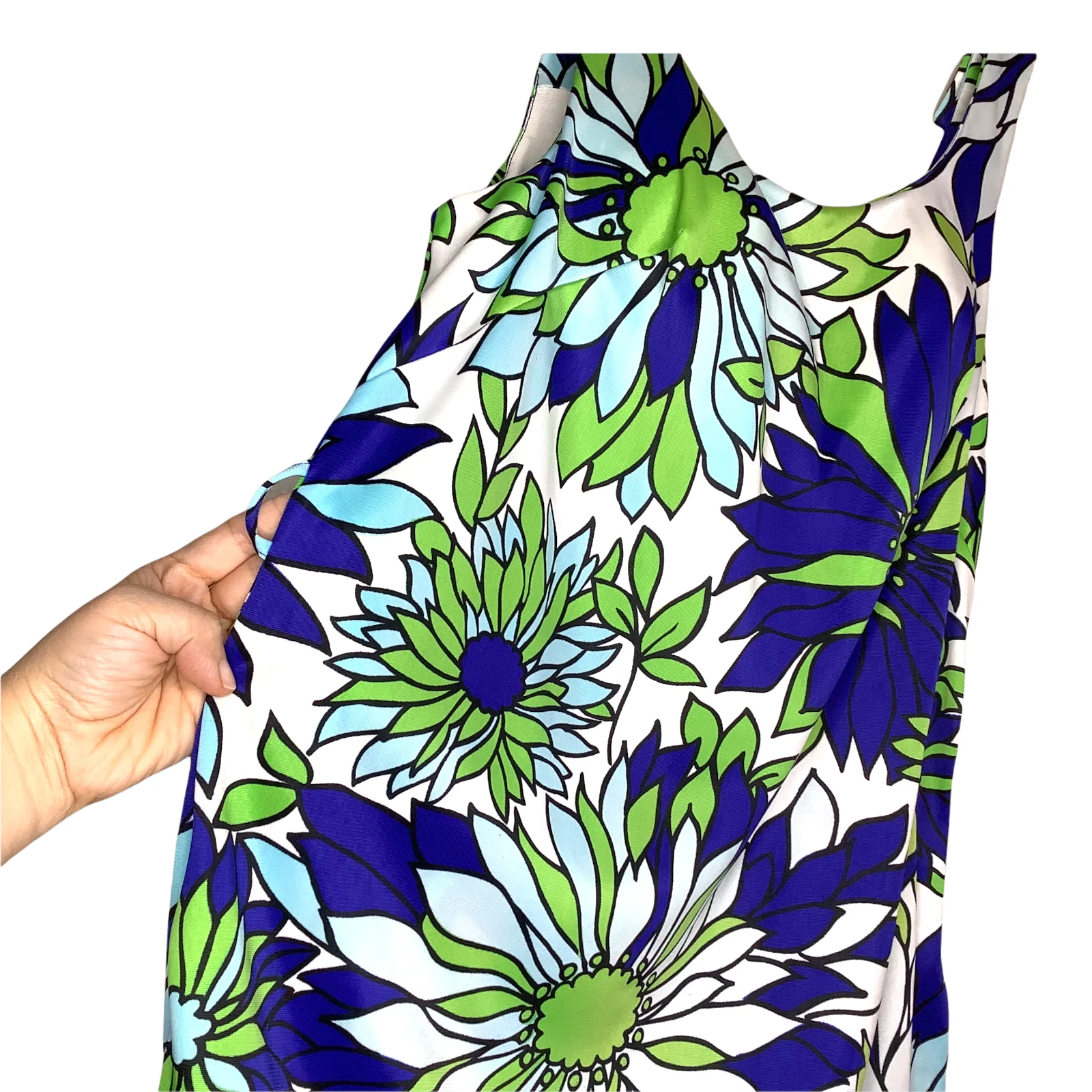 Vintage Swim Top 60s Tankini Floral Blue Green Built In Rigid Bra Zip Up Button - Image 9