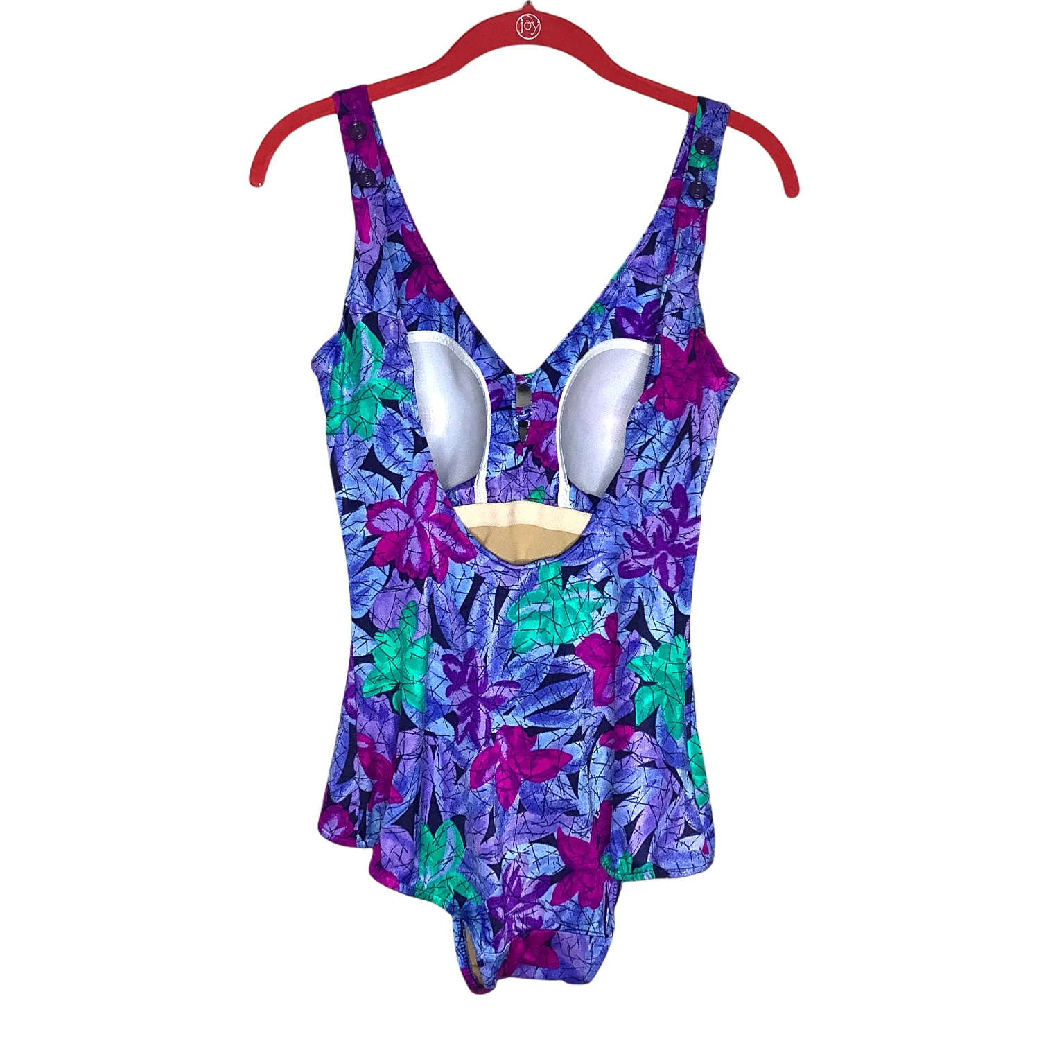 Vintage Swimsuit 80s Floral Cutout Bust Detail Button Strap Shelf Bra One Piece - Image 2