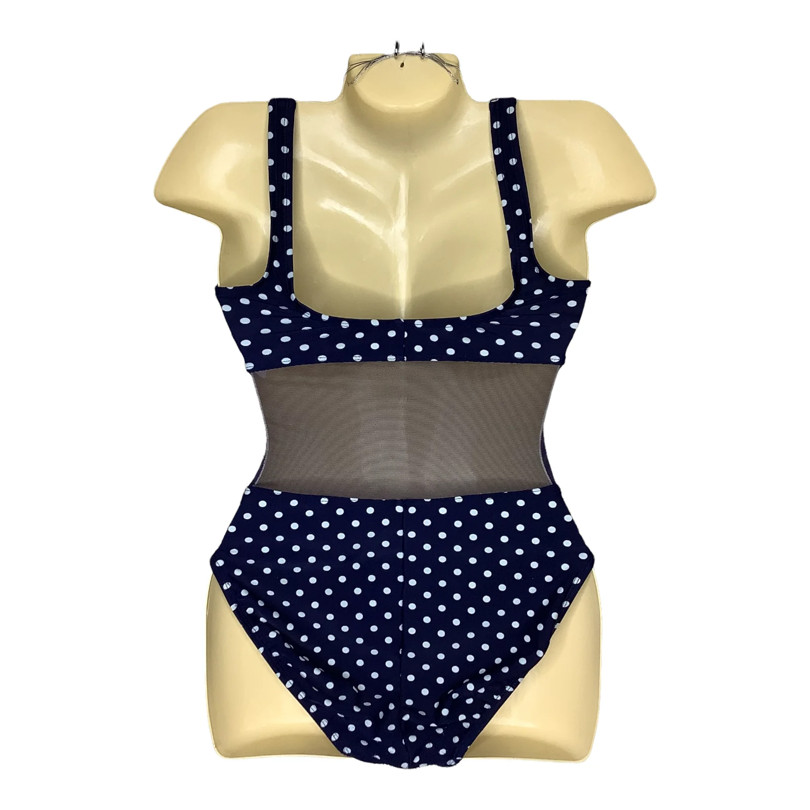 Vintage Swimsuit Xs? Blue White Polka Dot Sheer Panel One Piece Lined 80s 90s by Anne Cole - Image 2
