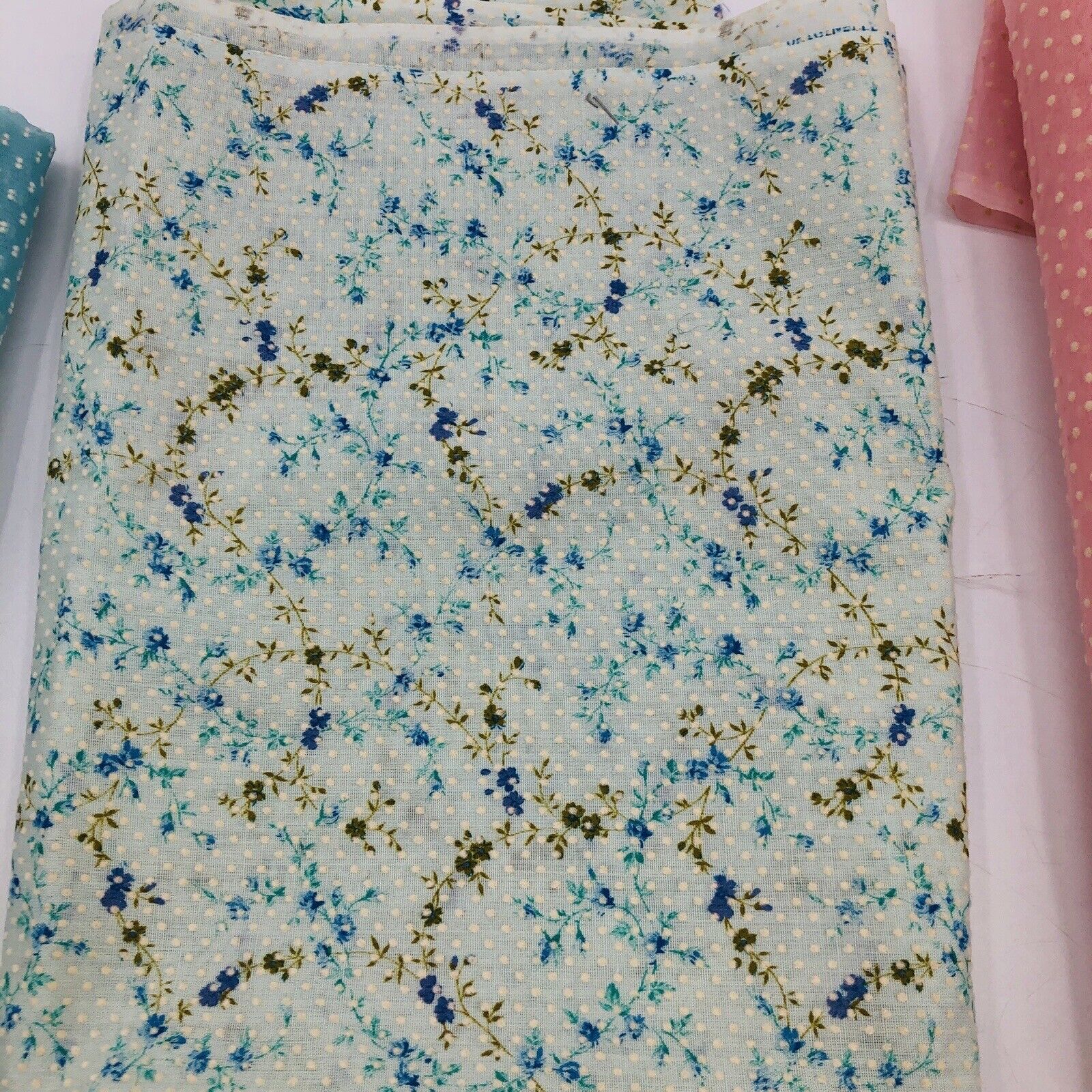 Vintage Swiss Dot Fabric Sheer Lot Remanents Pink Blue Flowers - Image 3