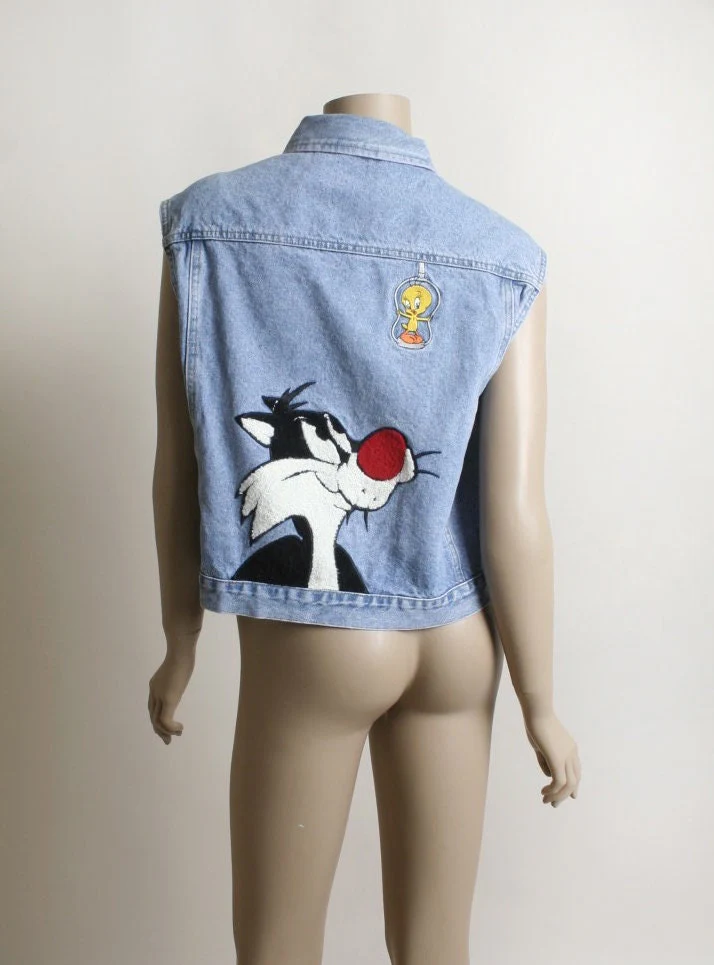 Vintage Sylvester and Tweety Bird Denim Vest 90s Looney Tunes Sleeveless Jean Button Up Vest Large by Warner Brothers - Image 6