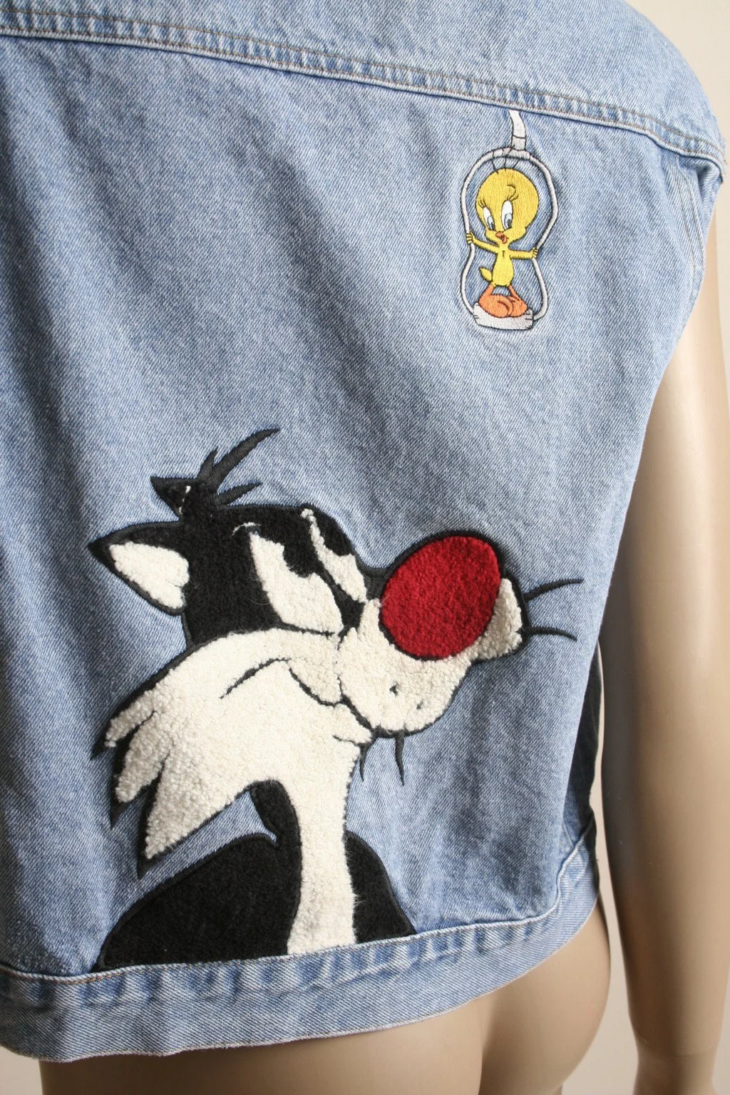 Vintage Sylvester and Tweety Bird Denim Vest 90s Looney Tunes Sleeveless Jean Button Up Vest Large by Warner Brothers - Image 8