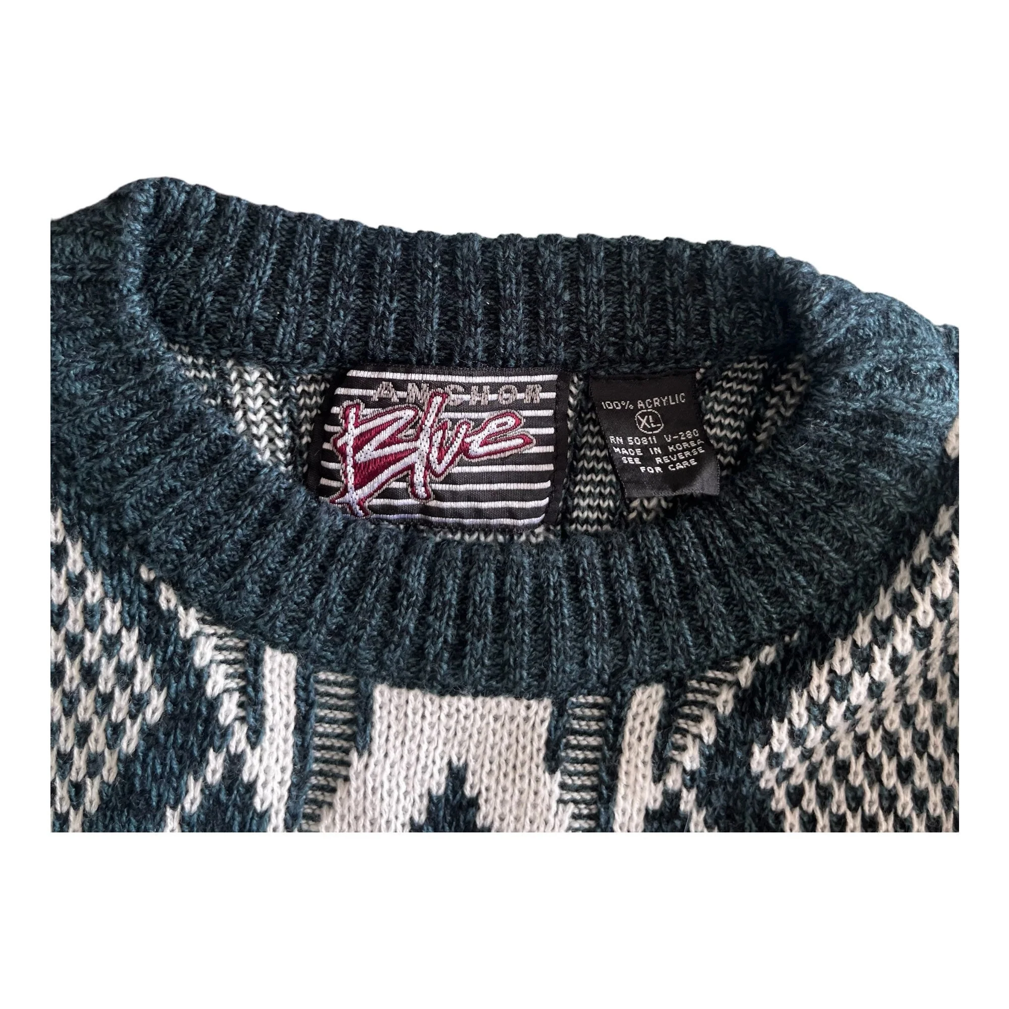 Vintage Teal and White Streetwear Grandpa Sweater 80s 90s Dad Biggie Cosby Grunge Geometric Slouchy Aesthetic by Anchor Blue - Image 3