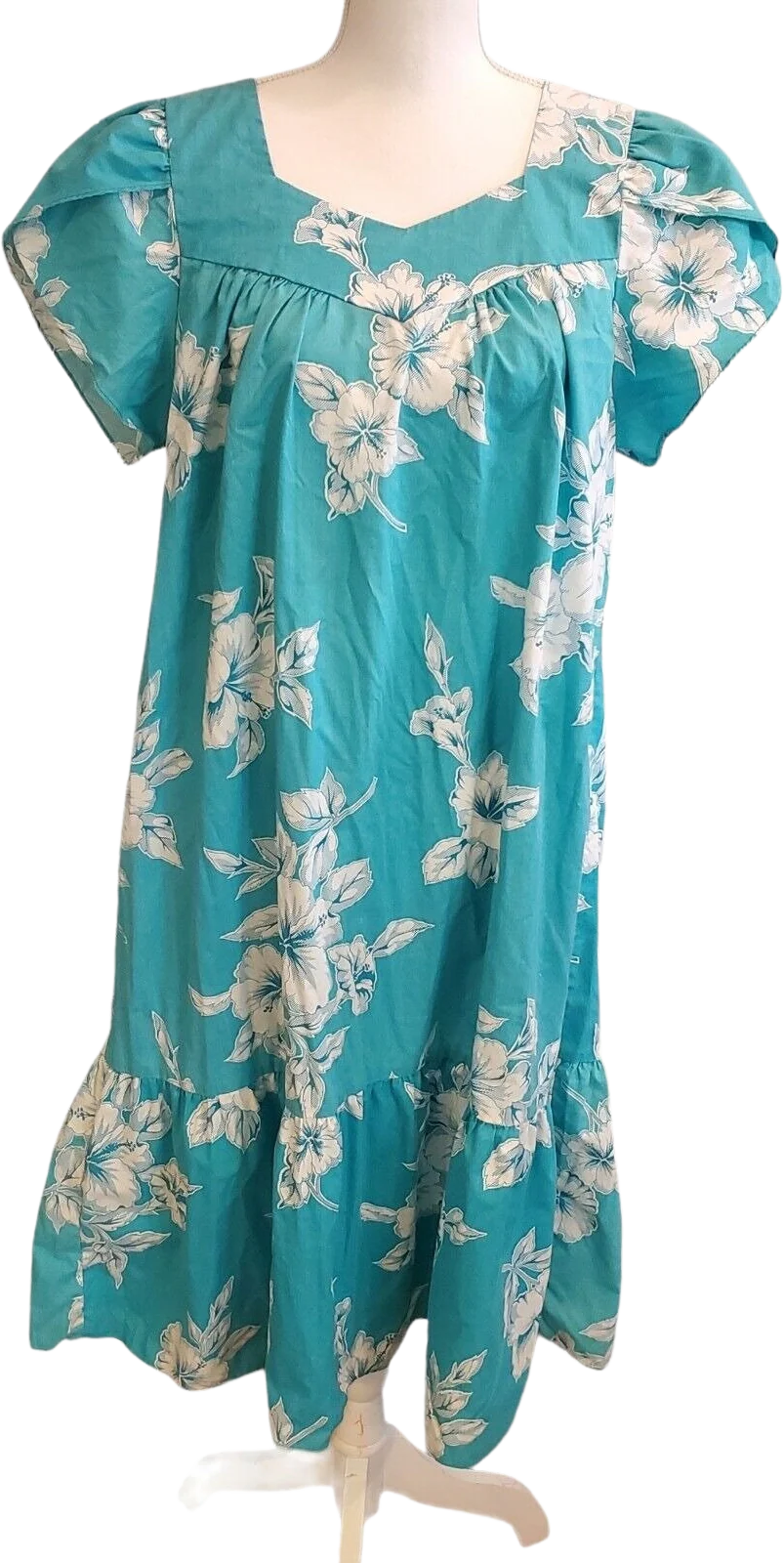 Vintage Teal Blue Green Hibiscus Floral Mumu Dress | S by Royal Hawaiian Creations