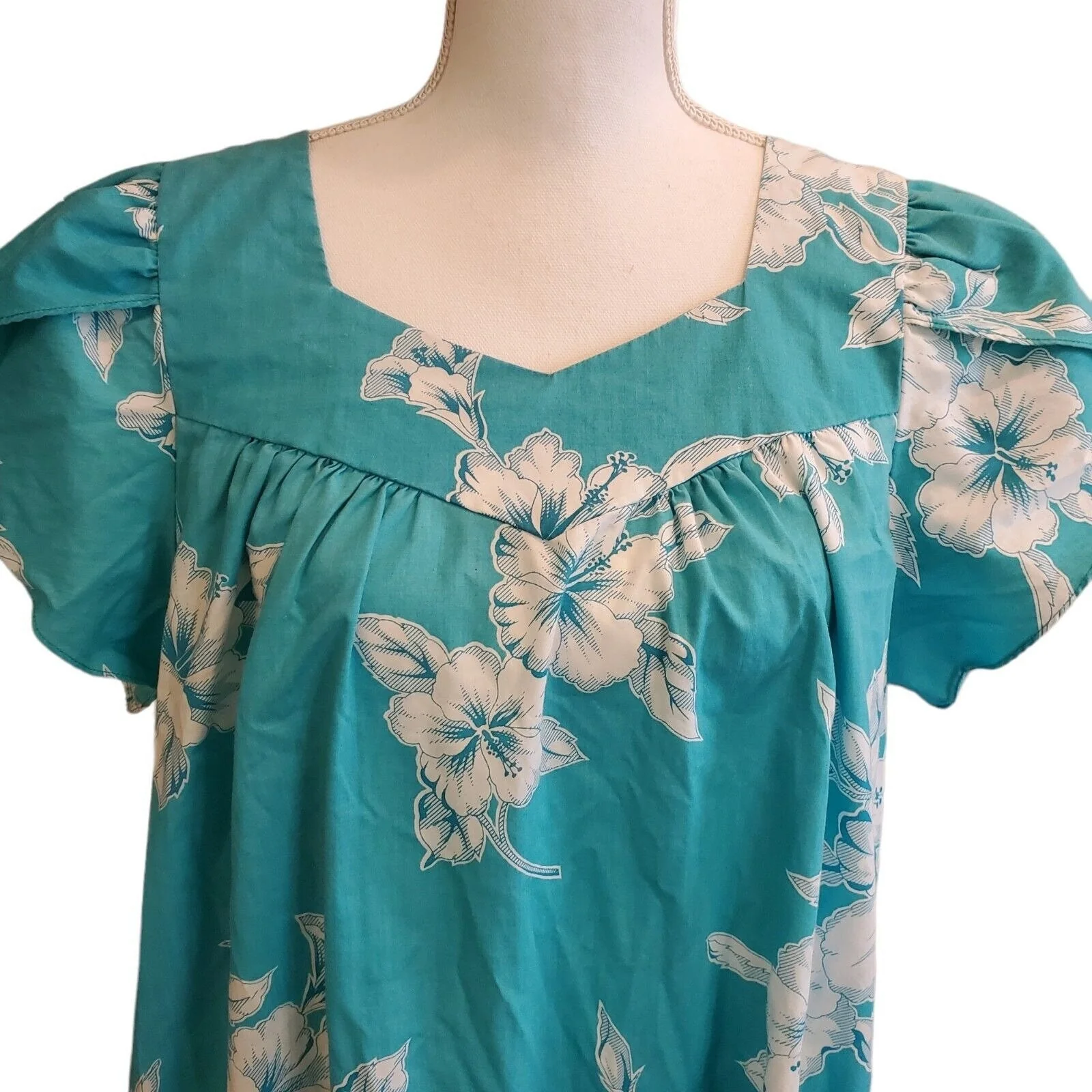 Vintage Teal Blue Green Hibiscus Floral Mumu Dress | S by Royal Hawaiian Creations - Image 3