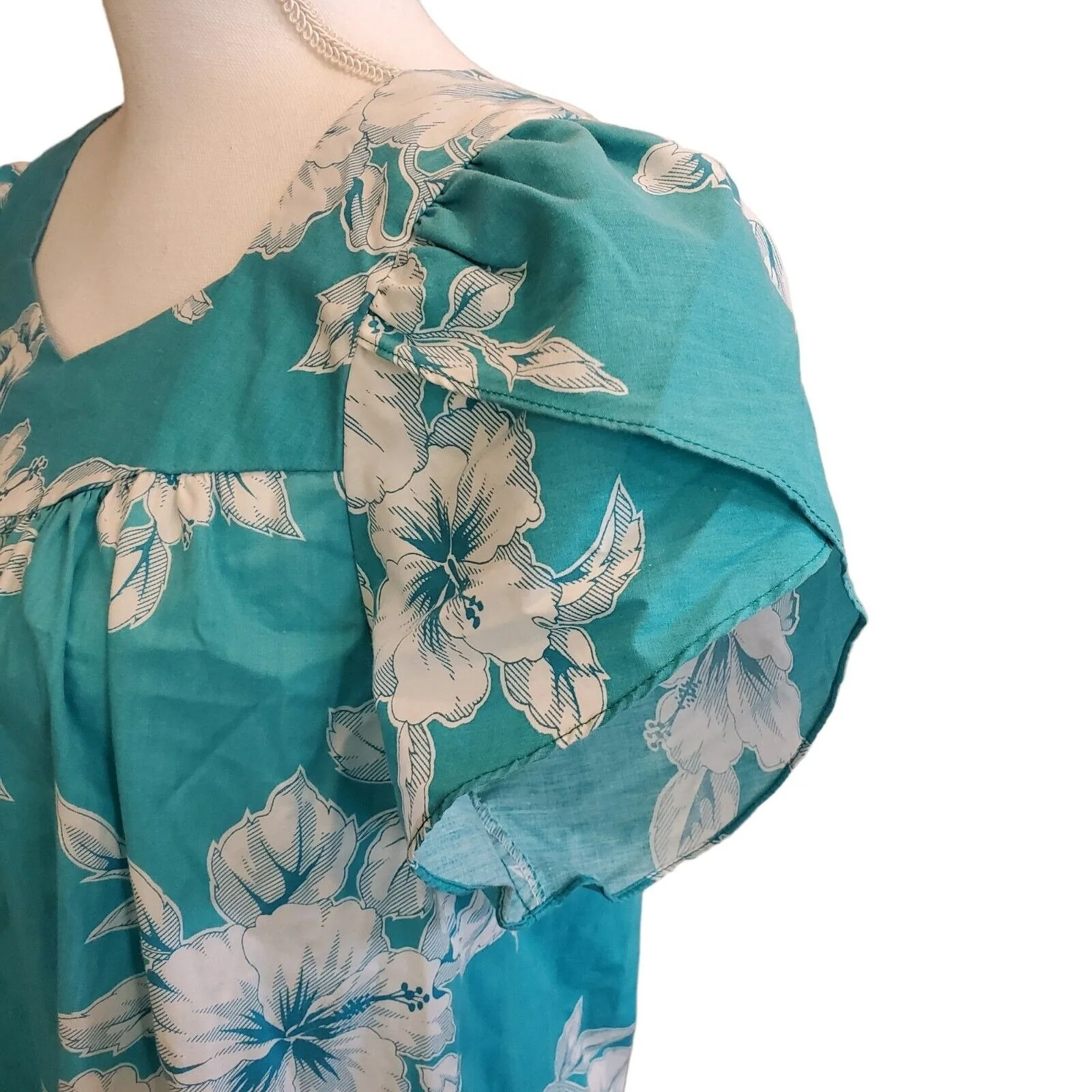 Vintage Teal Blue Green Hibiscus Floral Mumu Dress | S by Royal Hawaiian Creations - Image 4