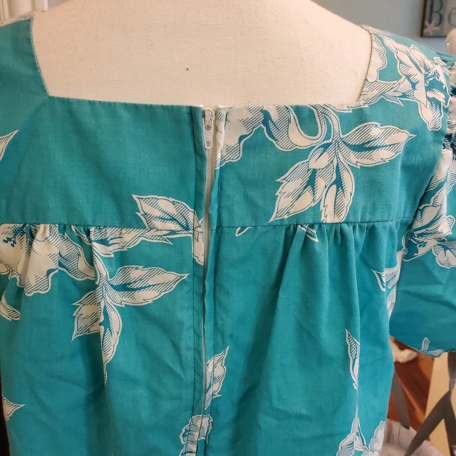 Vintage Teal Blue Green Hibiscus Floral Mumu Dress | S by Royal Hawaiian Creations - Image 6
