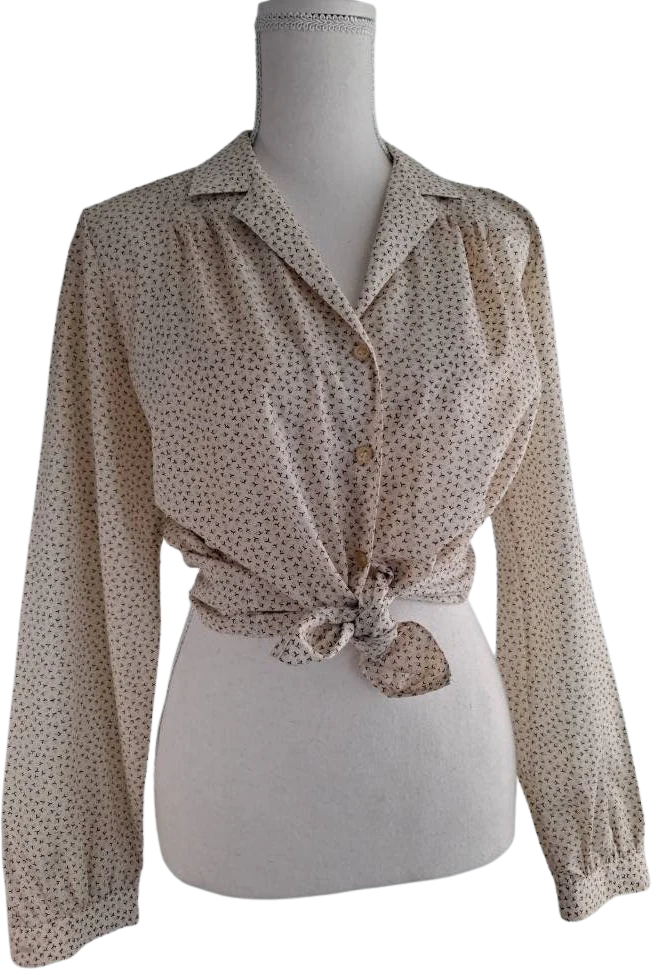 70s Vintage Off White And Brown Print Blouse By Teba