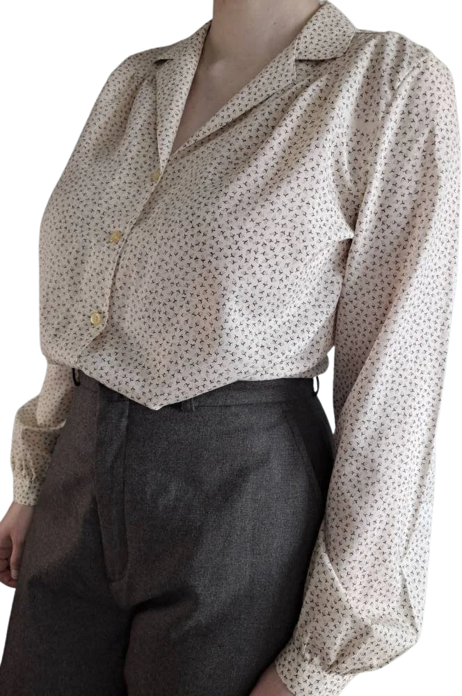 70s Vintage Off White And Brown Print Blouse By Teba - Image 5