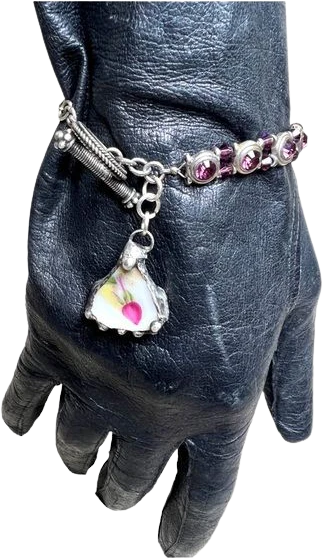 60s/70s Vintage Tennis Bracelet Repurposed with a Broken China Rose Charm Hand Crafted By Handcrafted