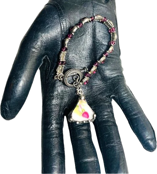 60s/70s Vintage Tennis Bracelet Repurposed with a Broken China Rose Charm Hand Crafted By Handcrafted - Image 2